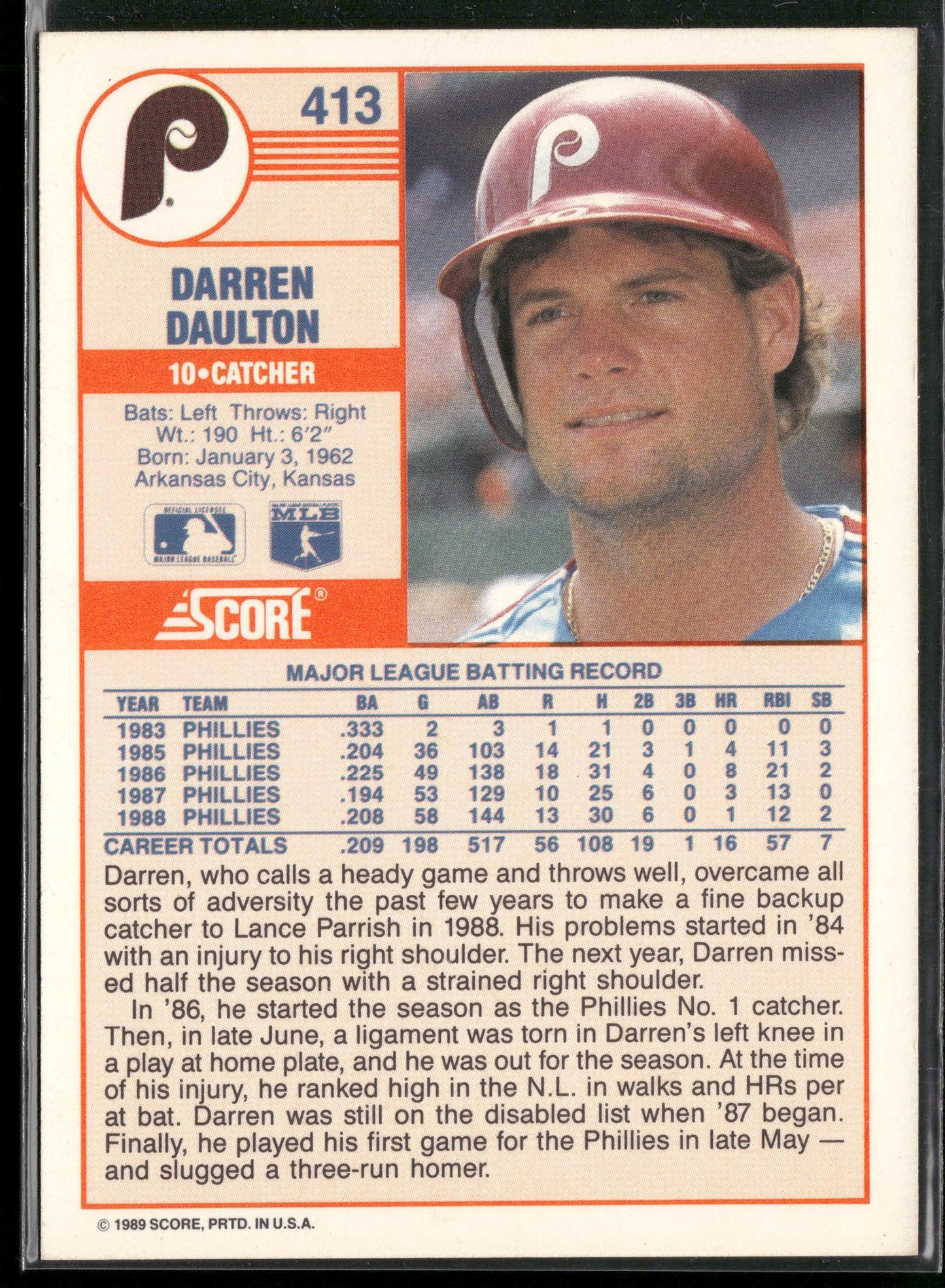 1989 Score #413 Darren Daulton