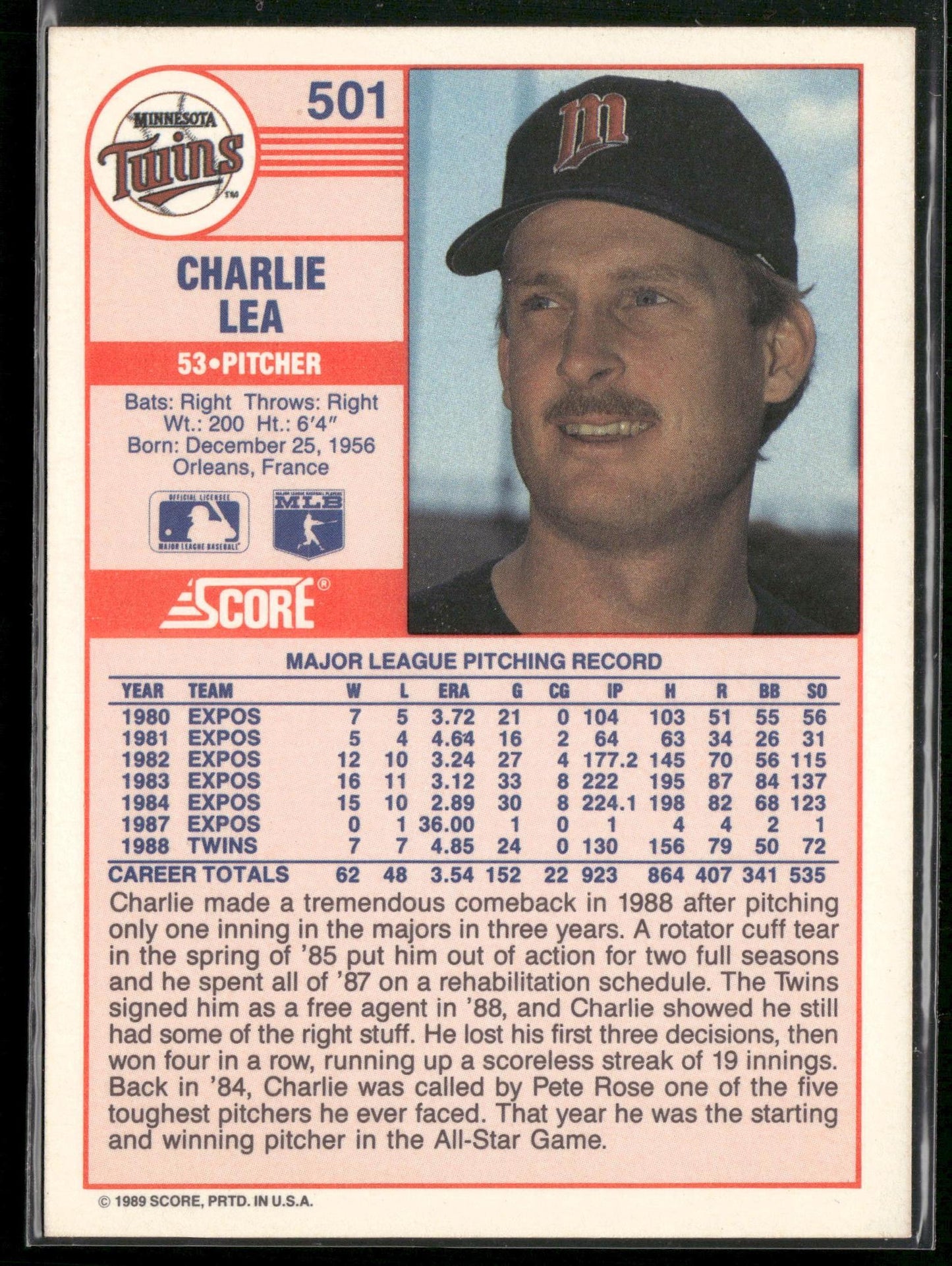 1989 Score #501 Charlie Lea