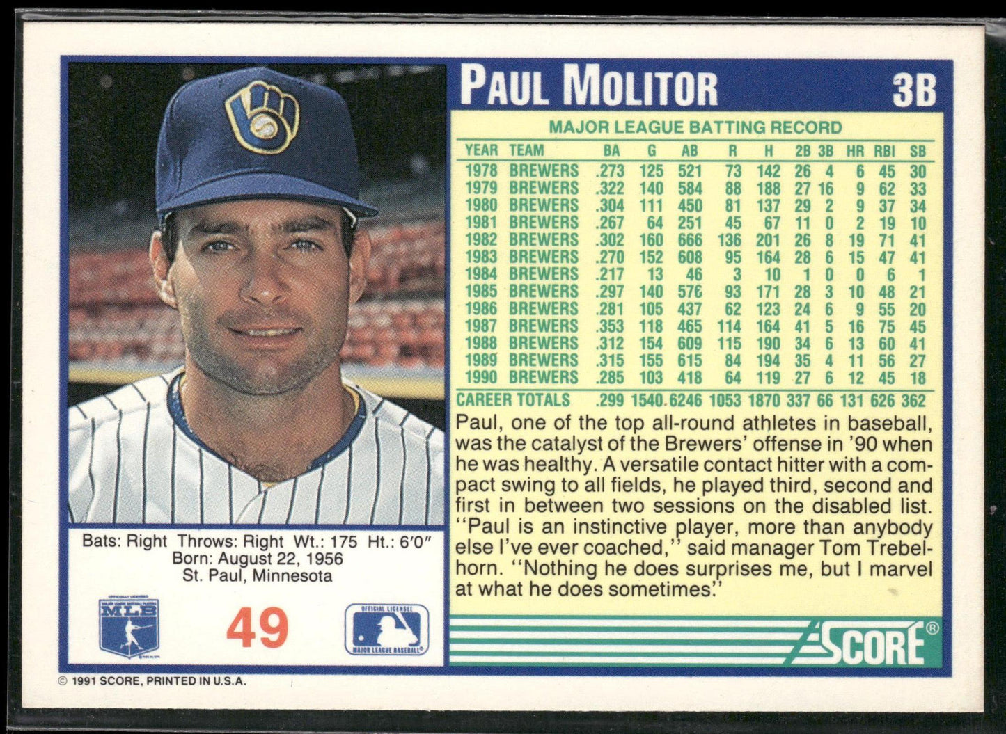 1991 Score #49 Paul Molitor