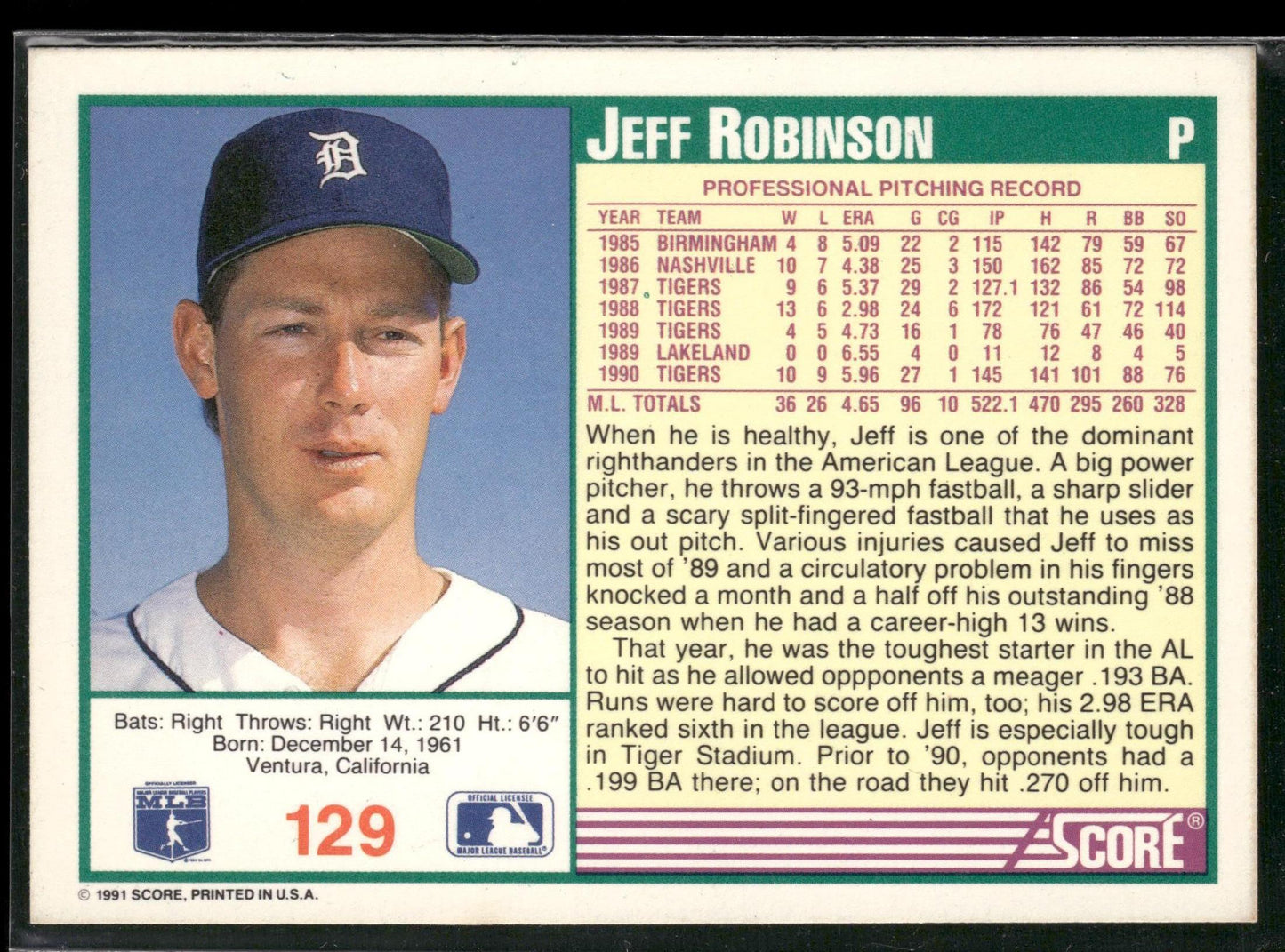 1991 Score #129 Jeff Robinson Promos