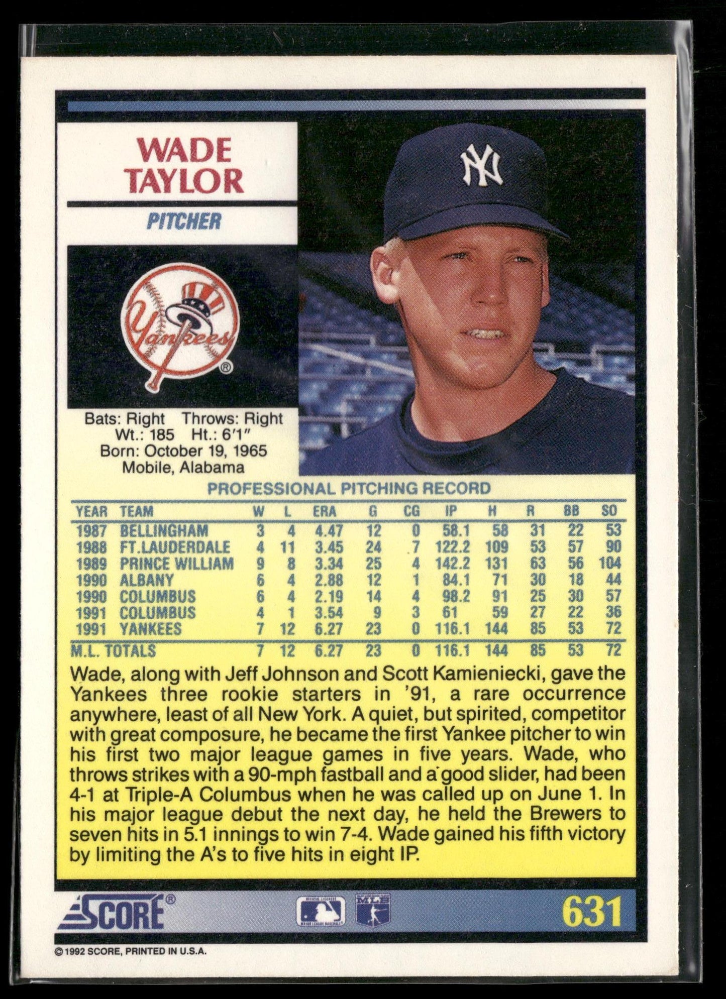 1992 Score #631 Wade Taylor