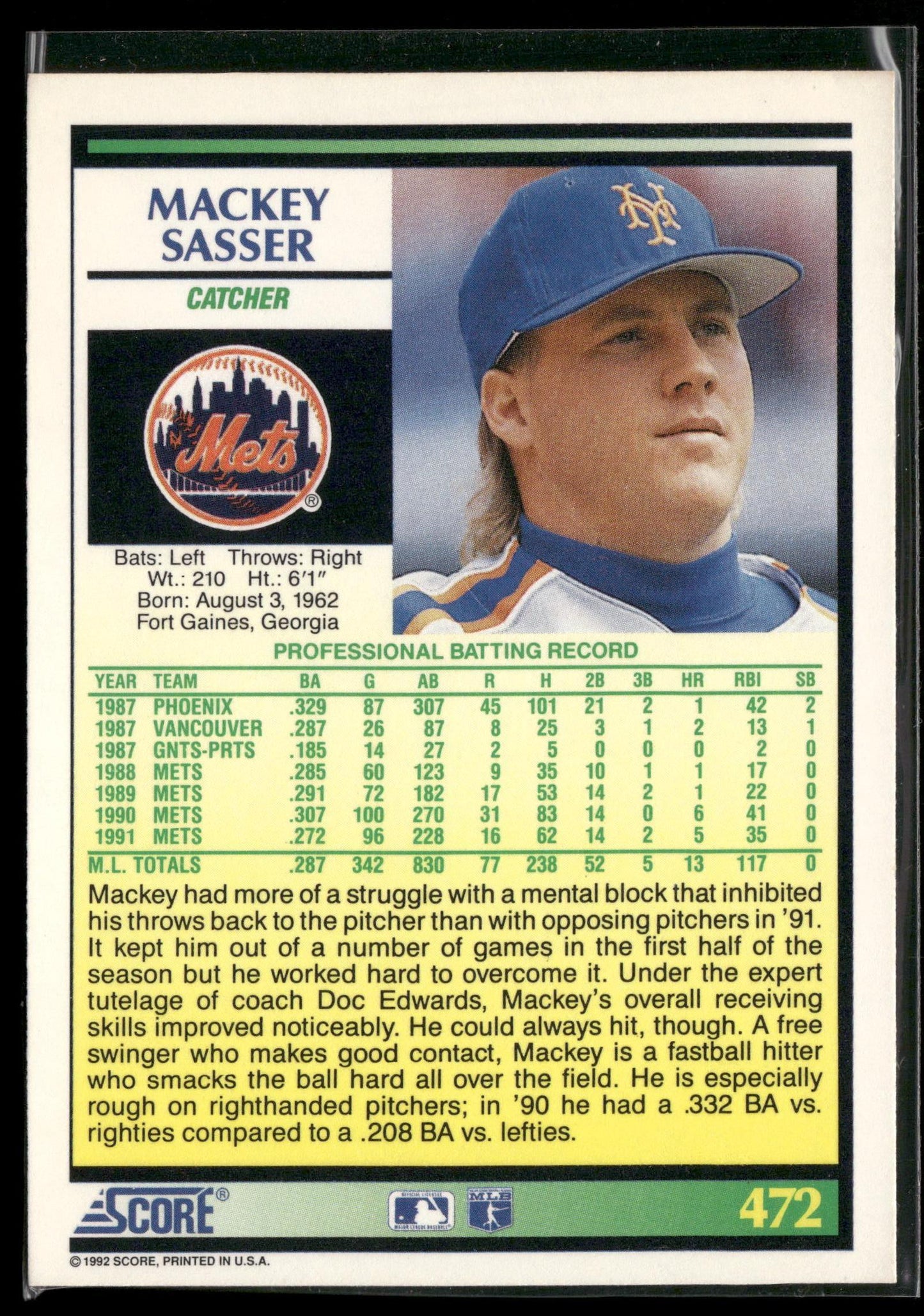 1992 Score #472 Mackey Sasser