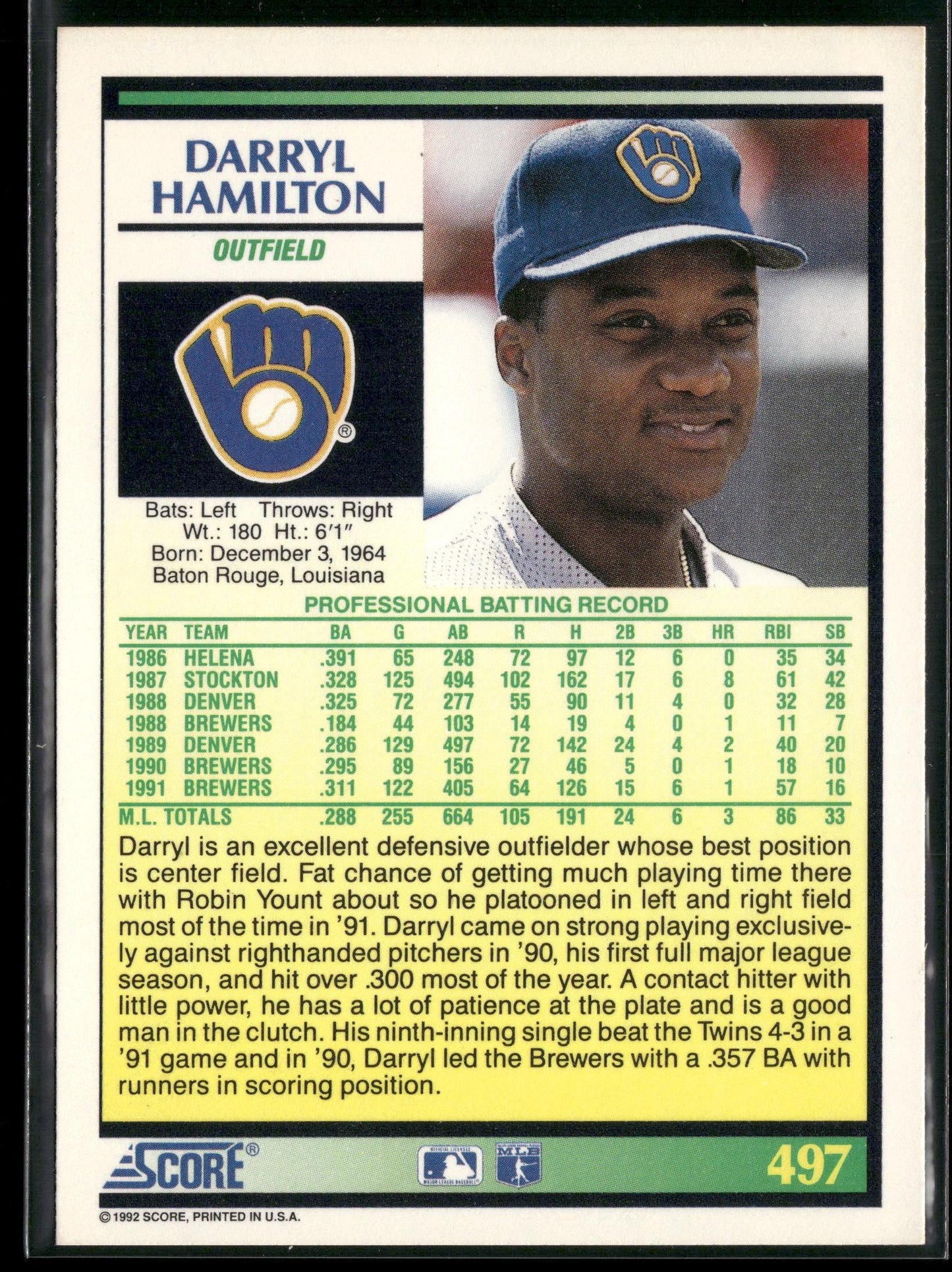 1992 Score #497 Darryl Hamilton