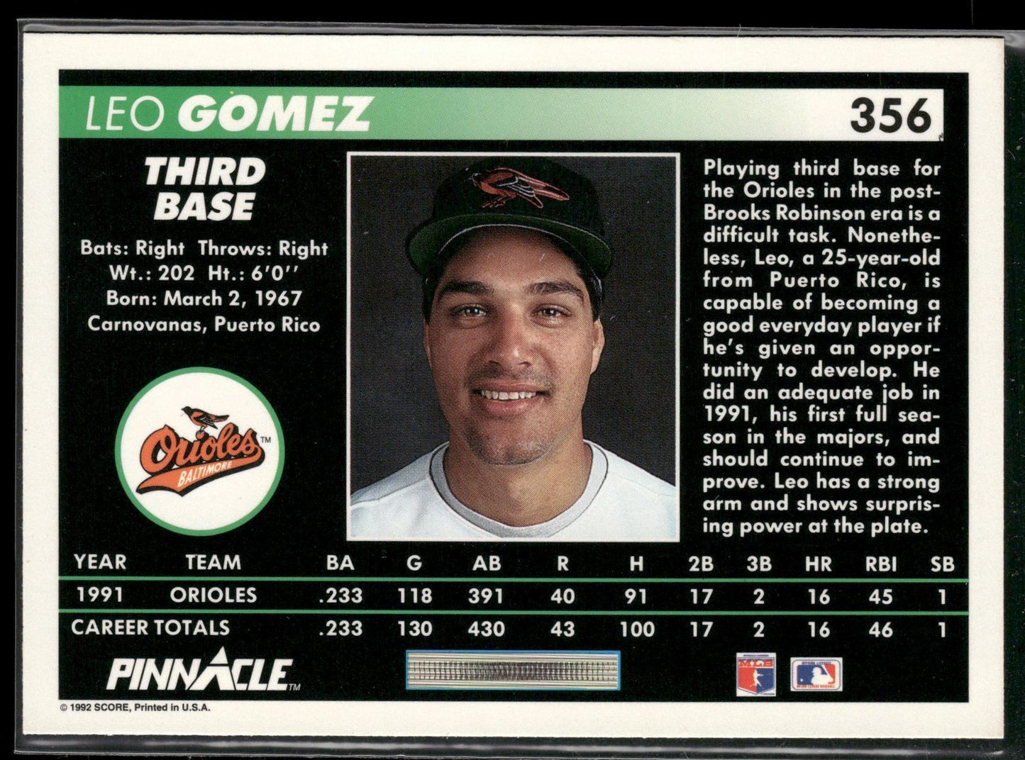 1992 Pinnacle #356 Leo Gomez