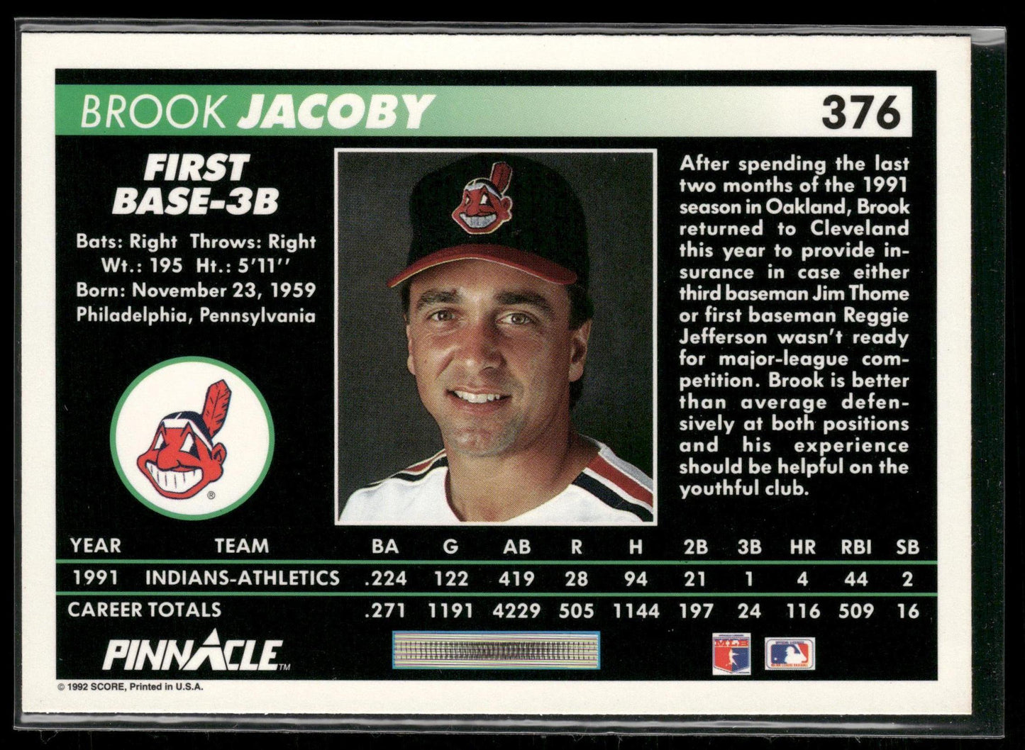 1992 Pinnacle #376 Brook Jacoby