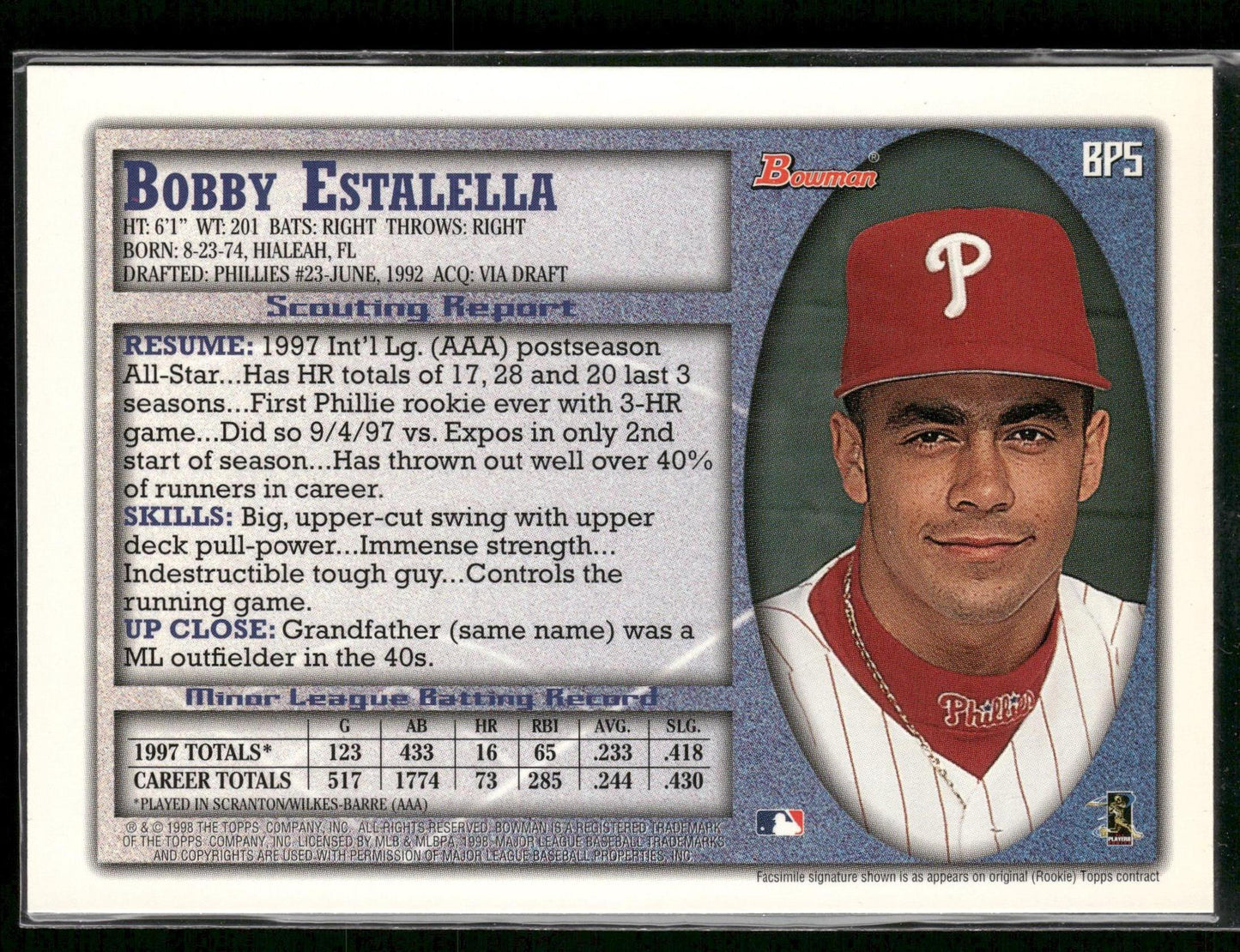 1998 Stadium Club #BP5 Bobby Estalella 1998 Bowman Prospect Previews