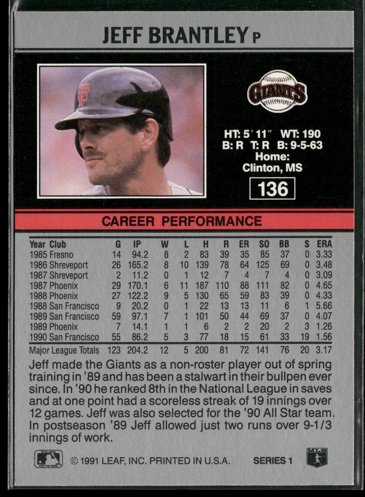 1991 Leaf #136 Jeff Brantley
