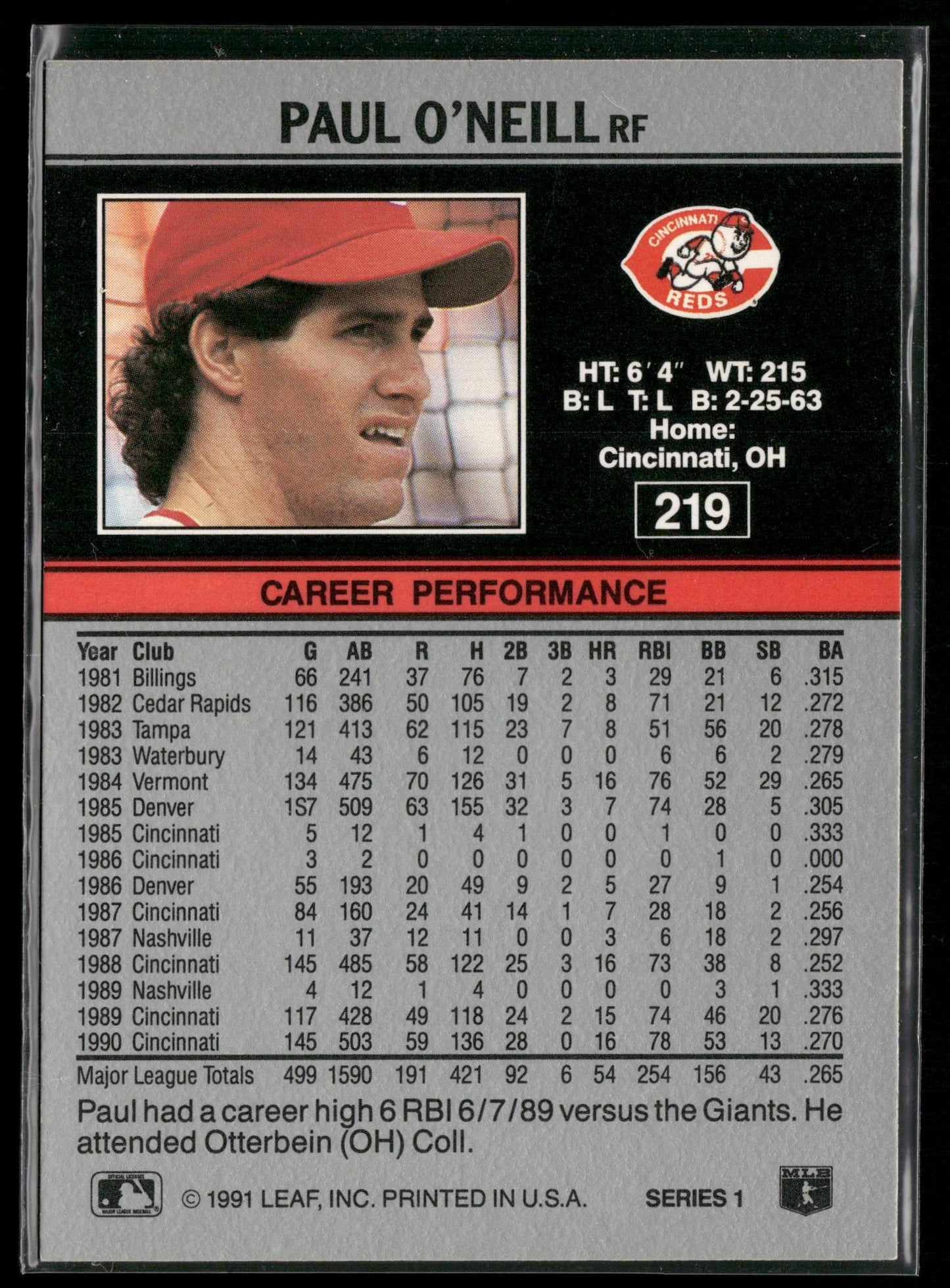1991 Leaf #219 Paul O'Neill