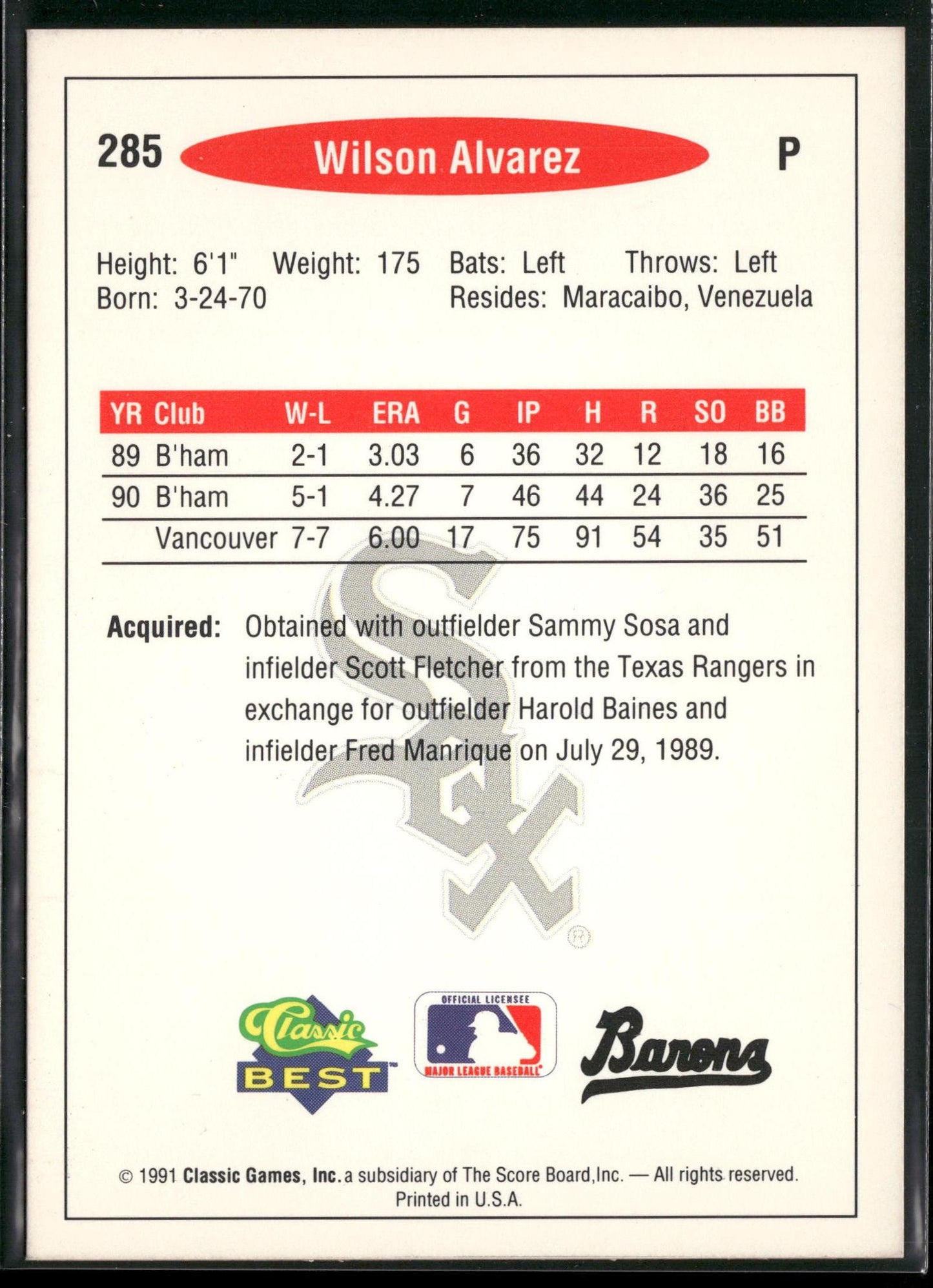 1991 Classic Best #285 Wilson Alvarez