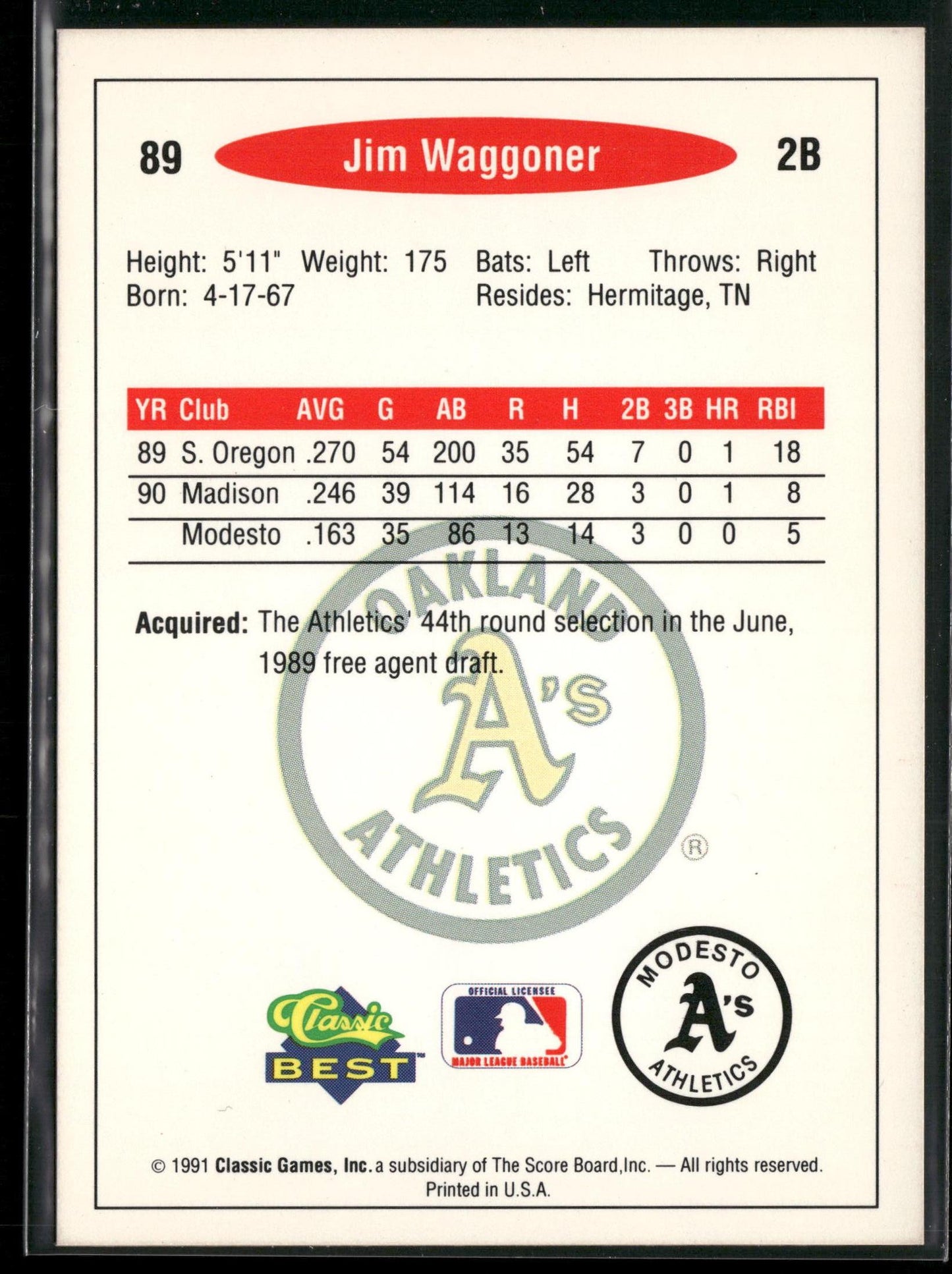 1991 Classic Best #89 Jim Waggoner
