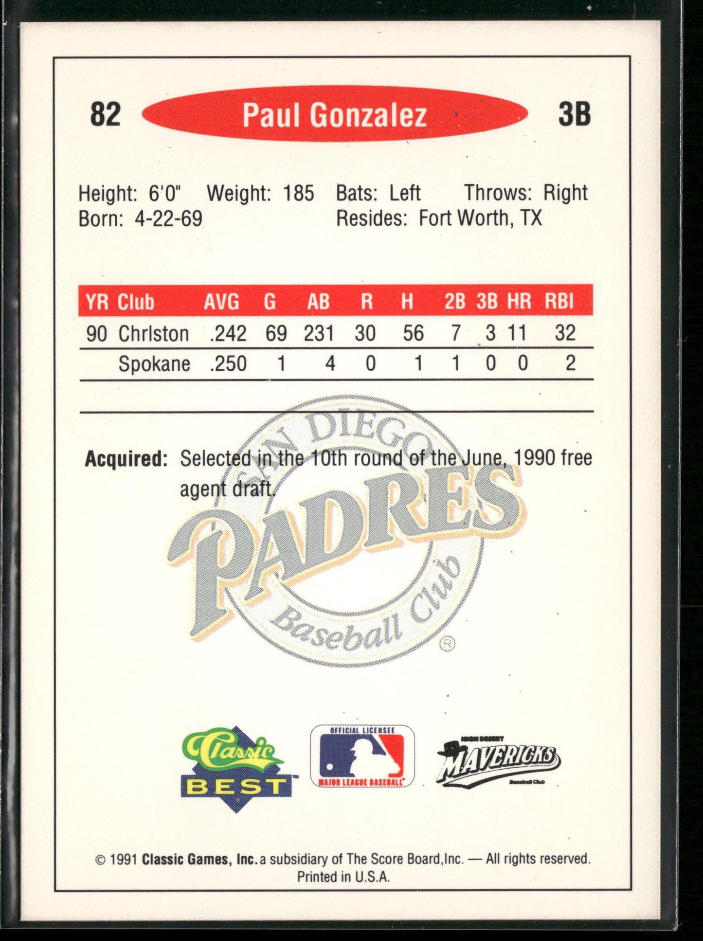 1991 Classic Best #82 Paul Gonzalez