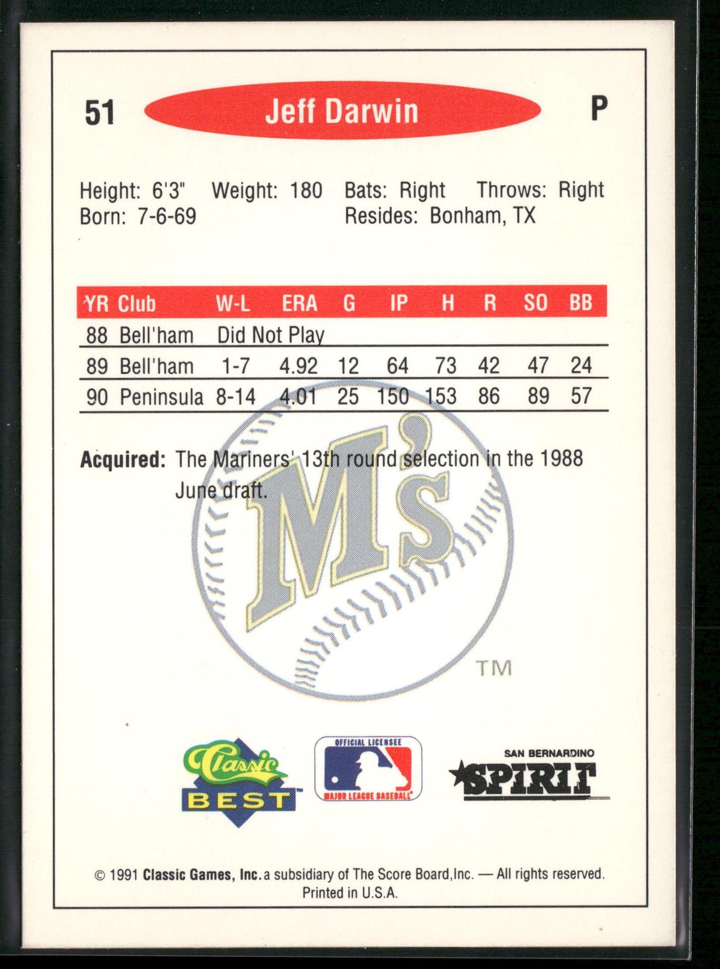1991 Classic Best #51 Jeff Darwin