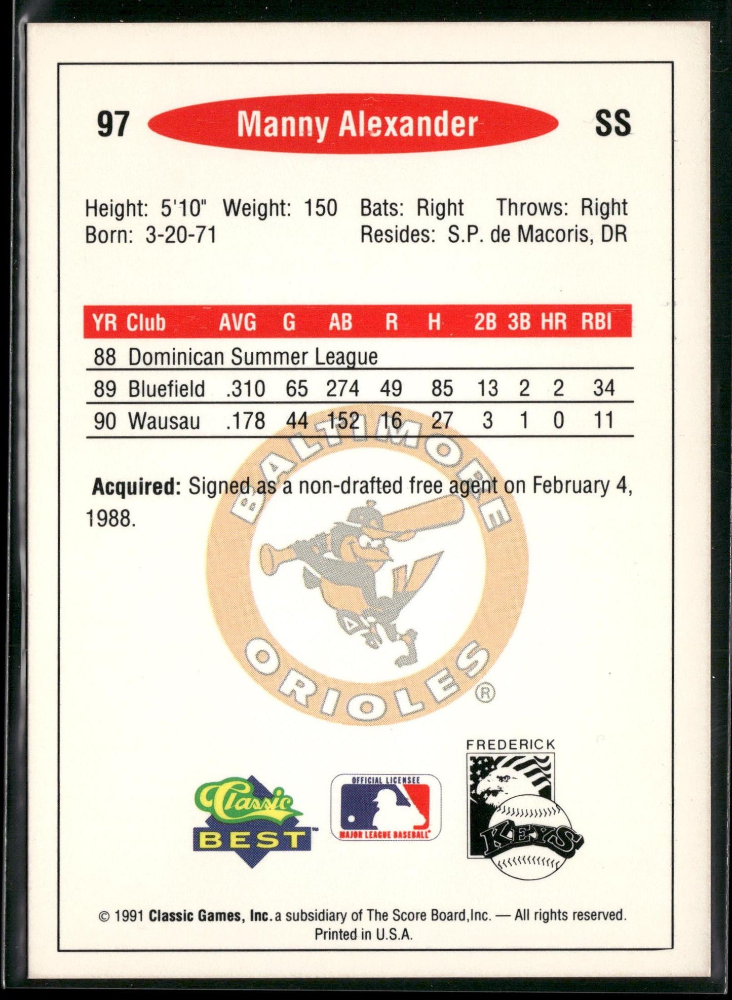 1991 Classic Best #97 Manny Alexander