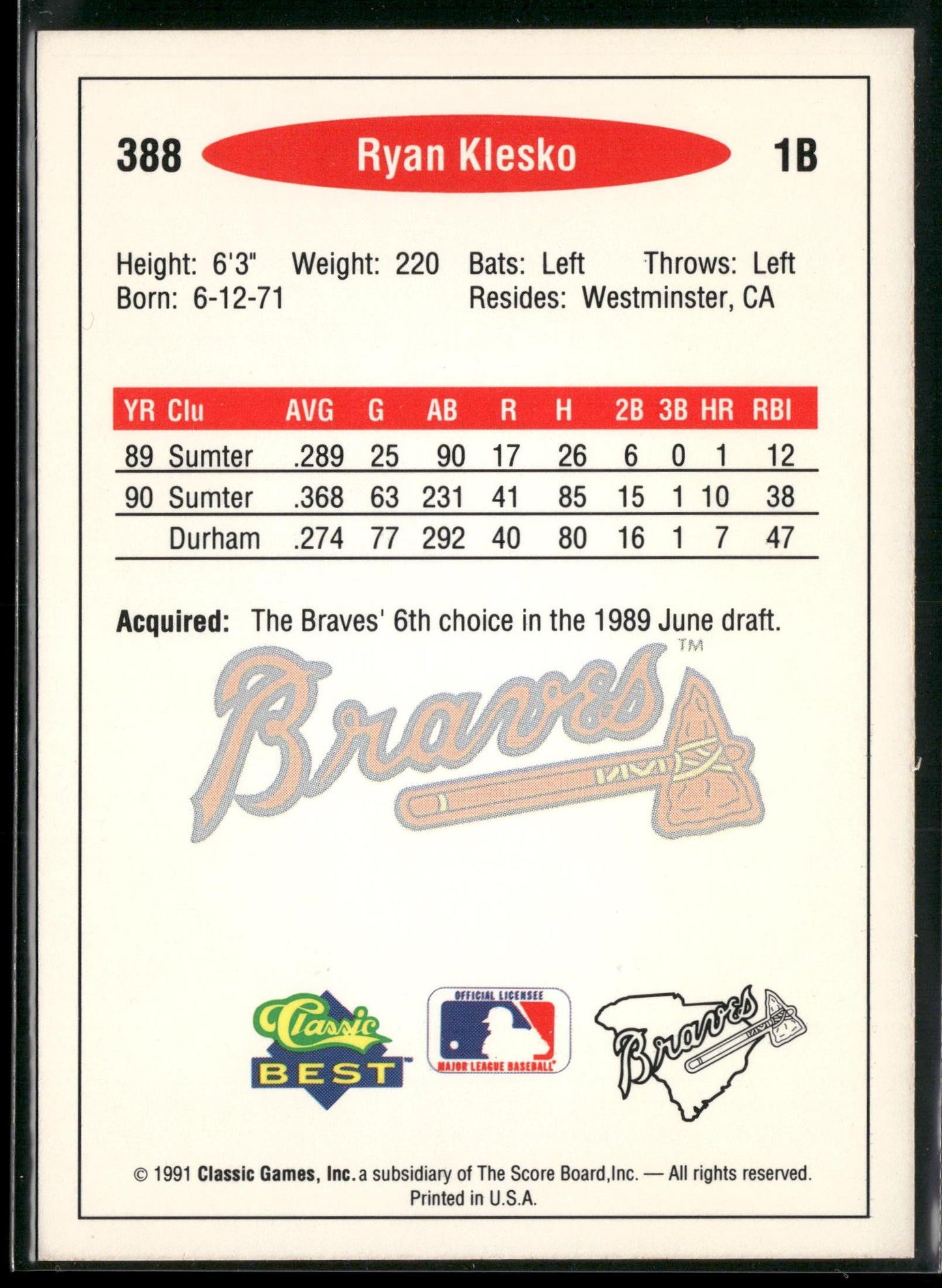 1991 Classic Best #388 Ryan Klesko