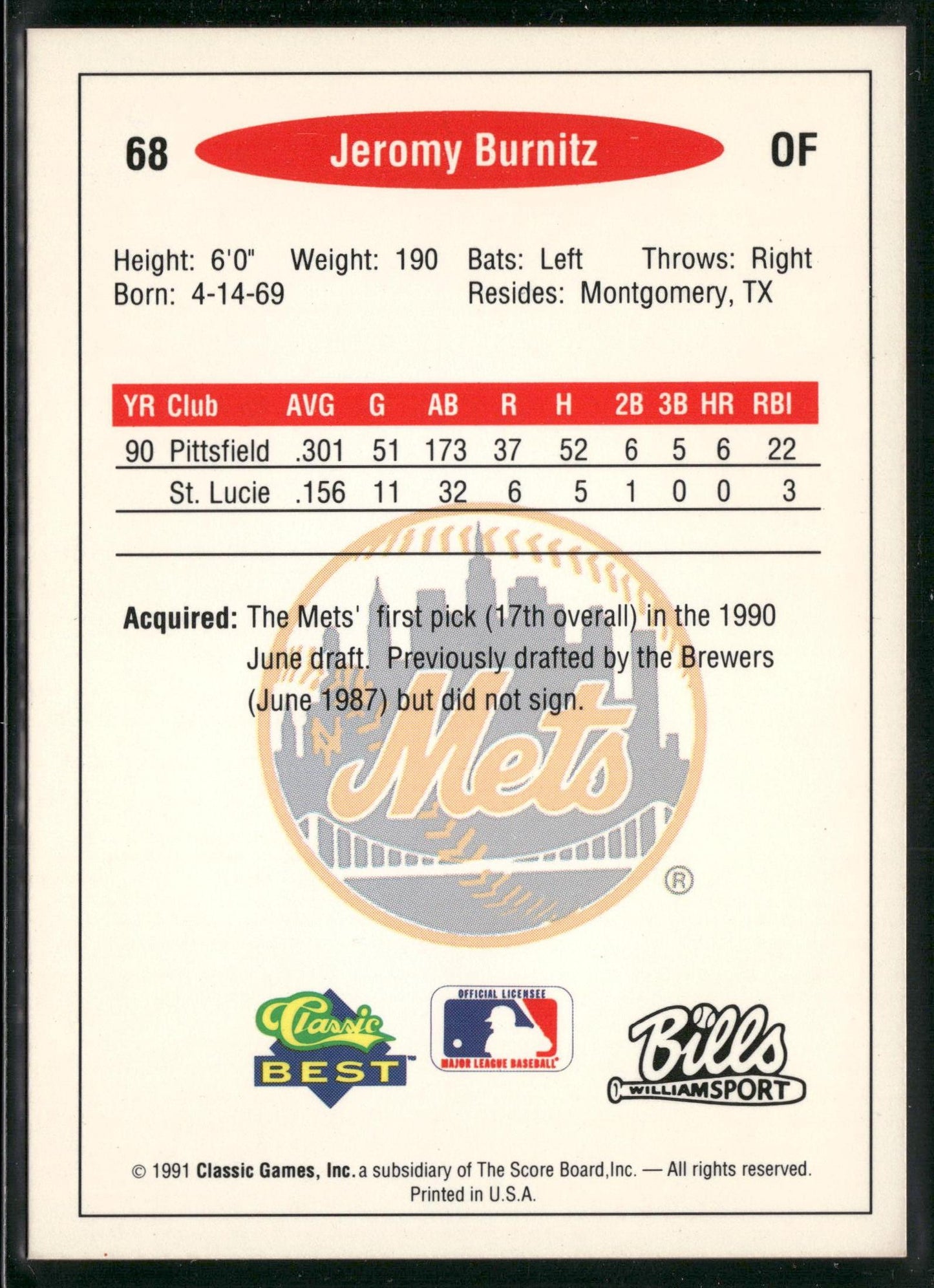 1991 Classic Best #68 Jeromy Burnitz