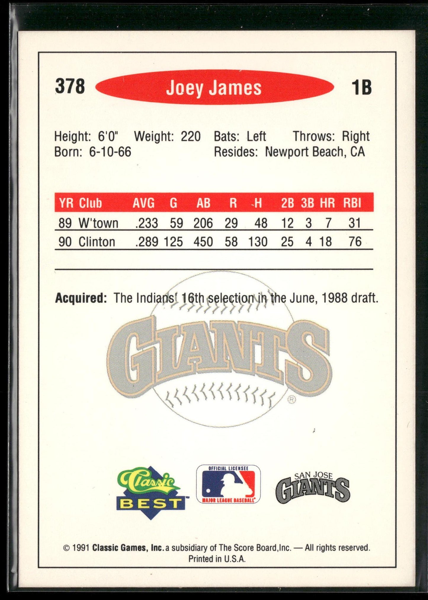 1991 Classic Best #378 Joey James