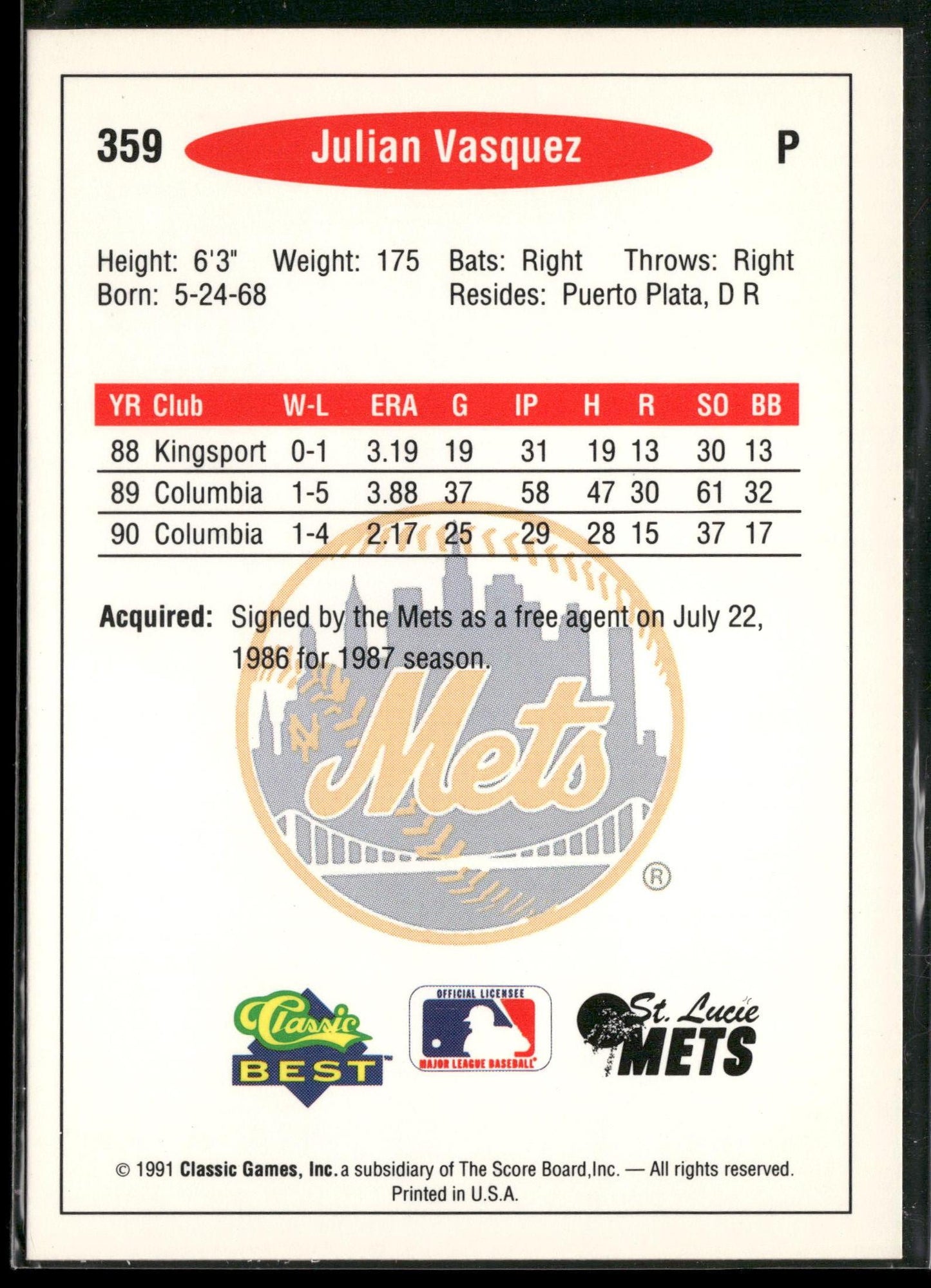 1991 Classic Best #359 Julian Vasquez
