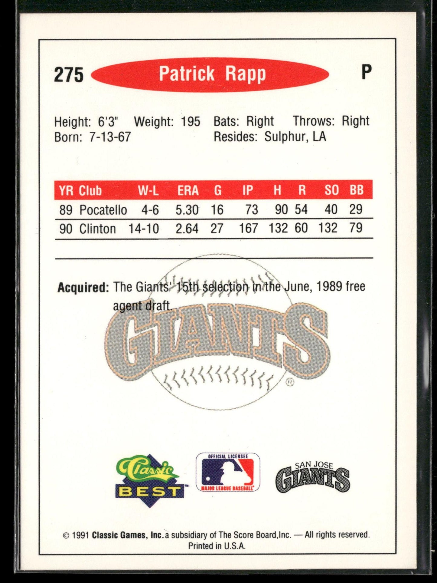 1991 Classic Best #275 Patrick Rapp