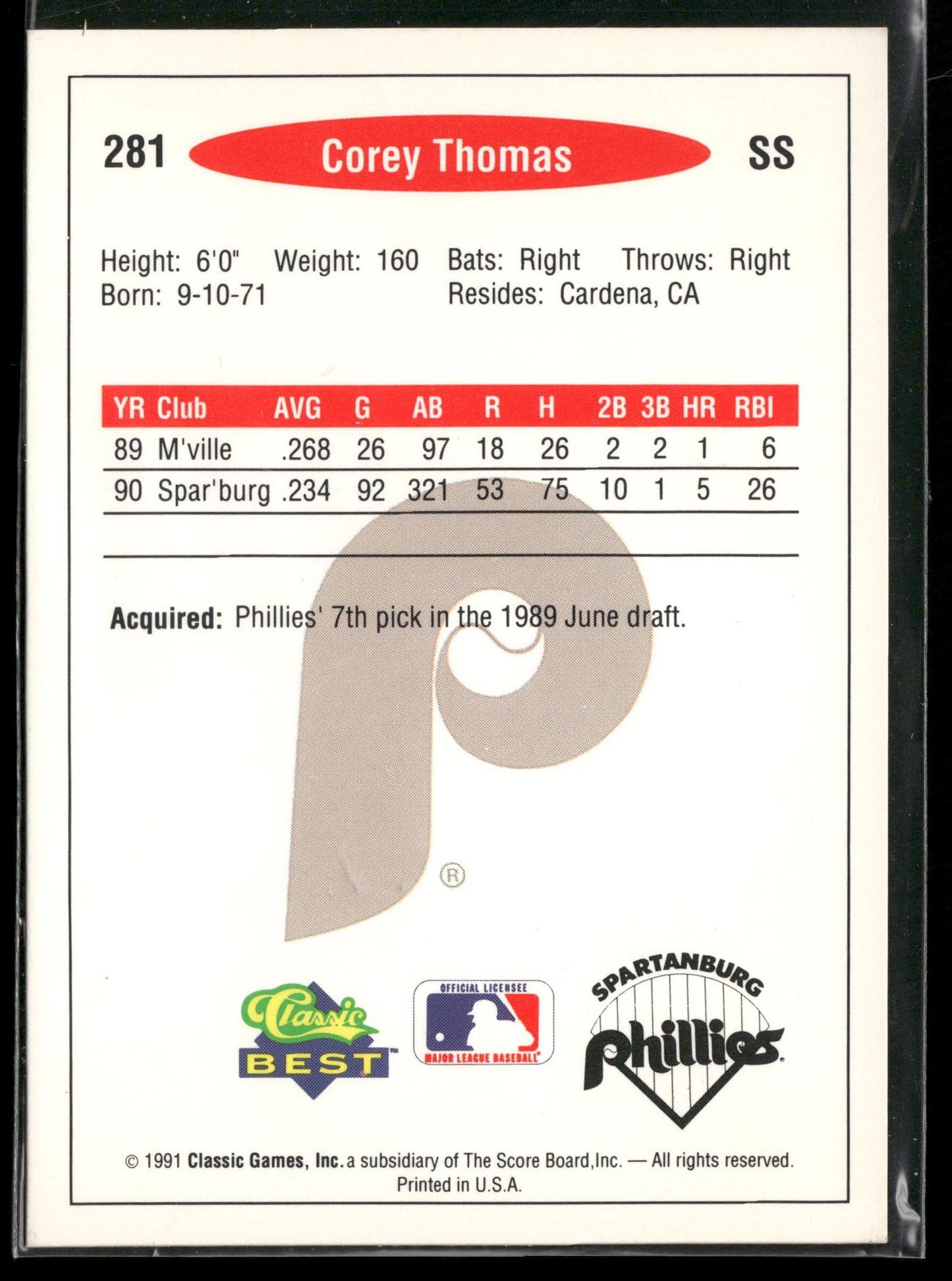 1991 Classic Best #281 Corey Thomas
