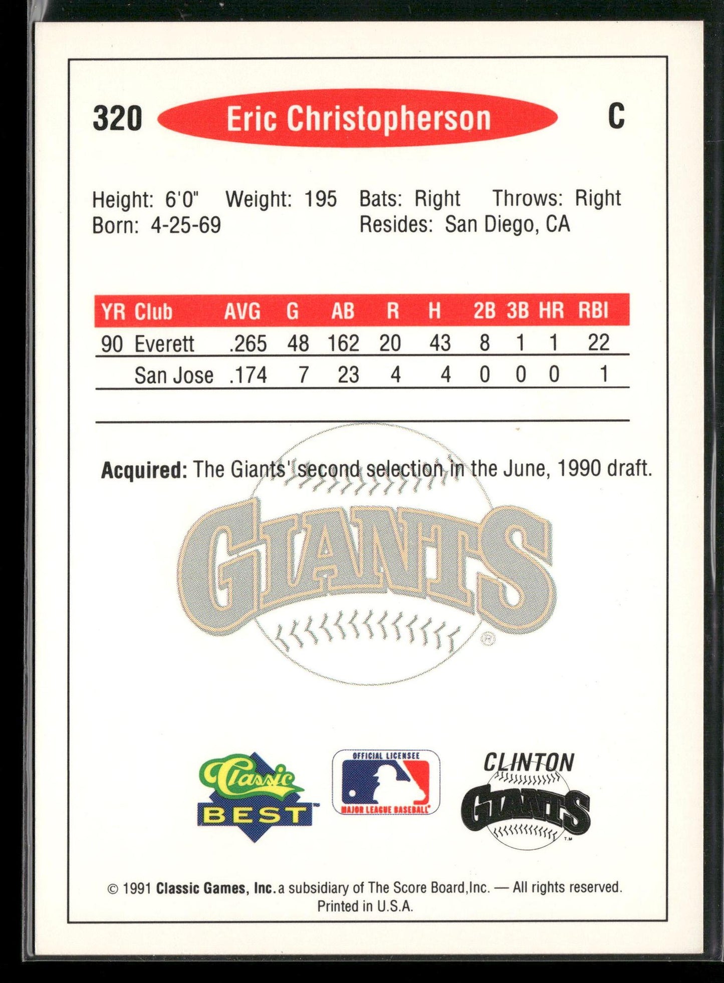 1991 Classic Best #320 Eric Christopherson