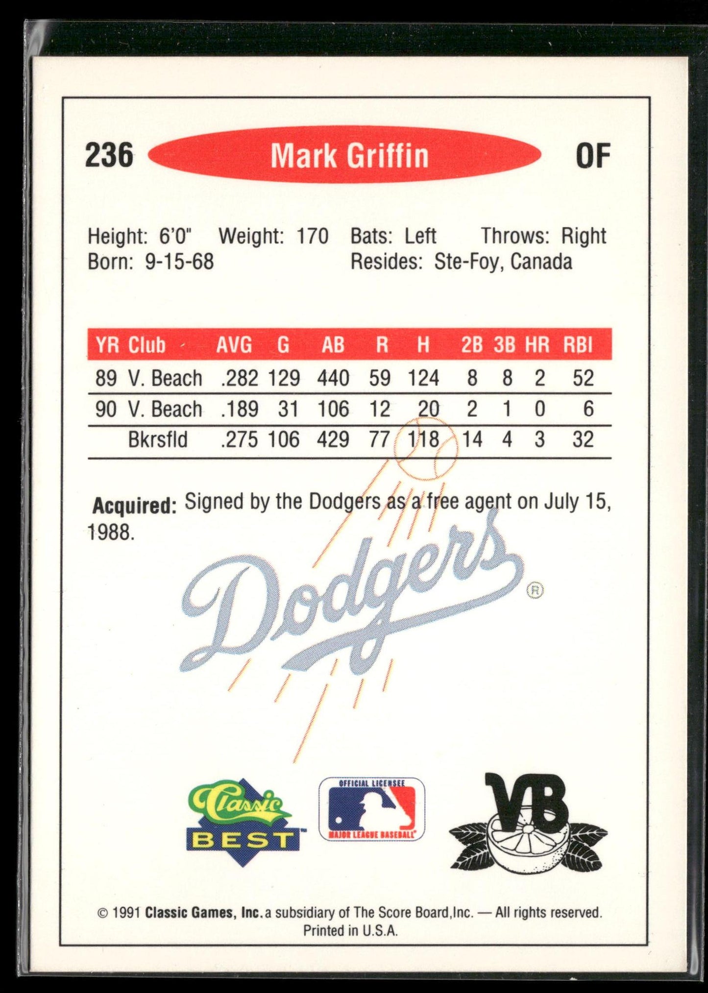 1991 Classic Best #236 Mark Griffin
