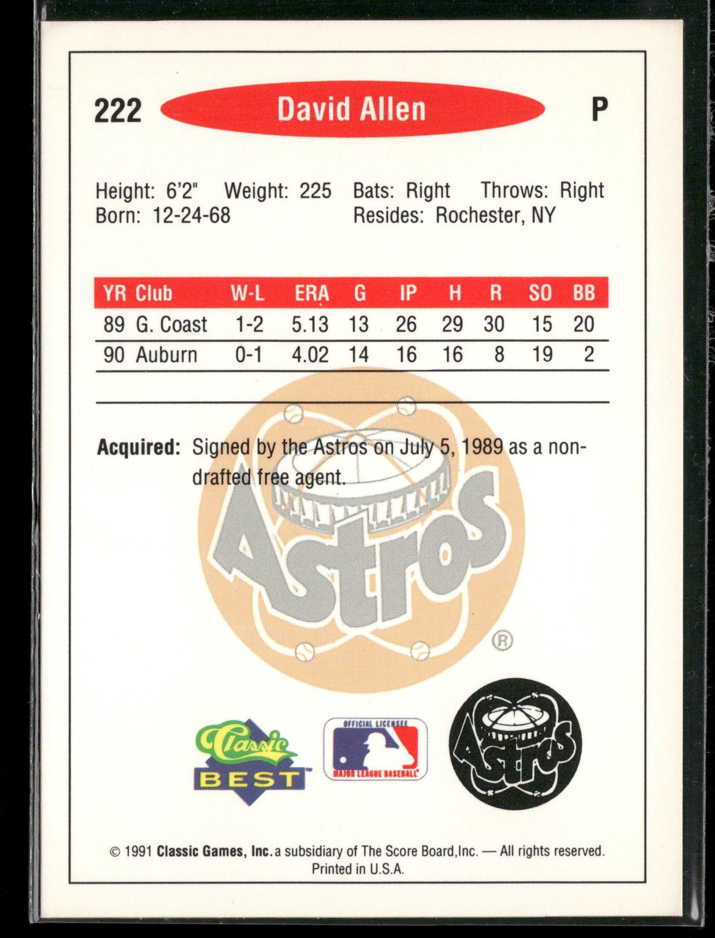 1991 Classic Best #222 David Allen