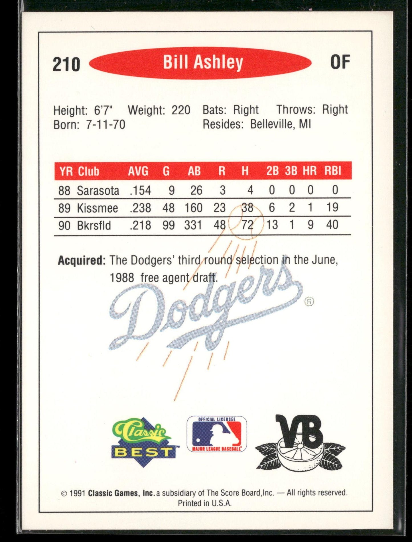 1991 Classic Best #210 Bill Ashley