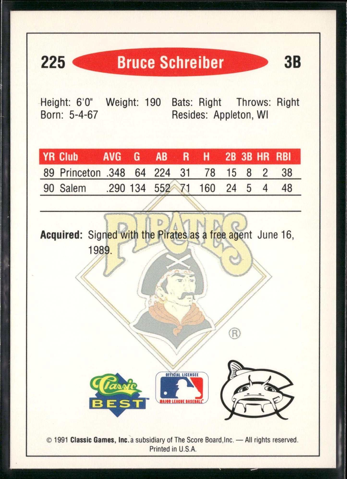 1991 Classic Best #225 Bruce Schreiber