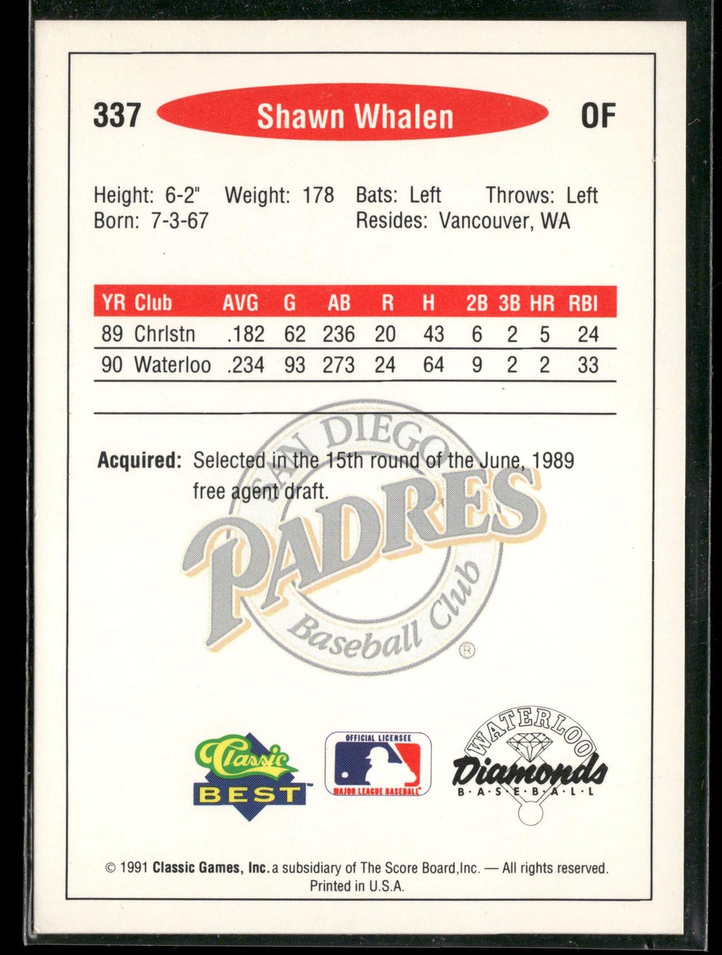 1991 Classic Best #337 Shawn Whalen