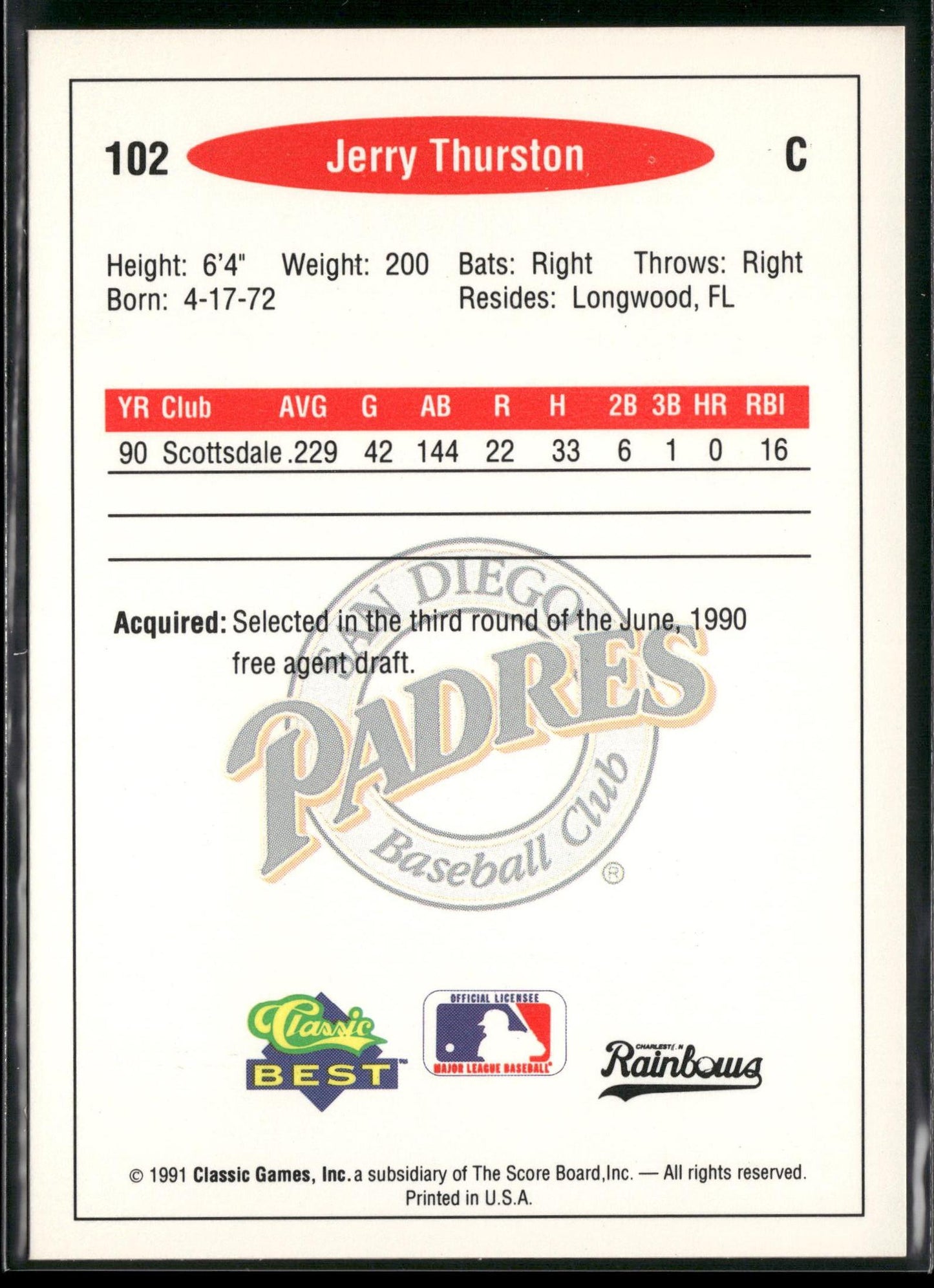 1991 Classic Best #102 Jerrey Thurston