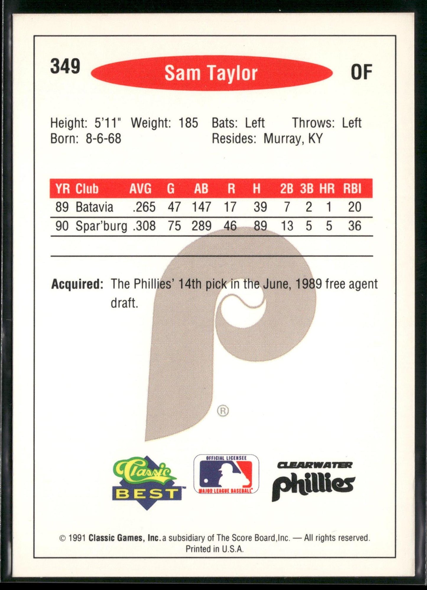 1991 Classic Best #349 Sam Taylor
