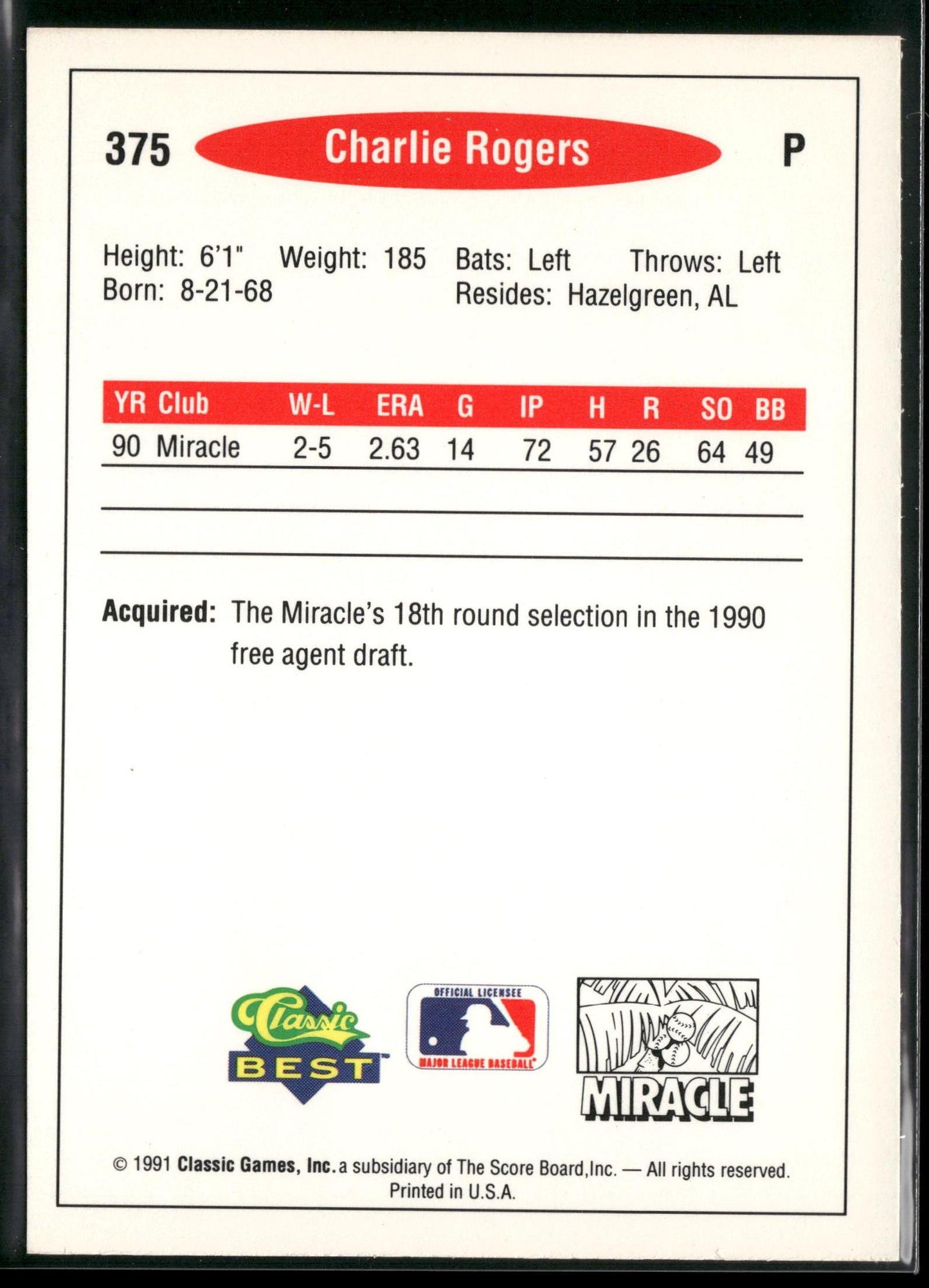 1991 Classic Best #375 Charlie Rogers