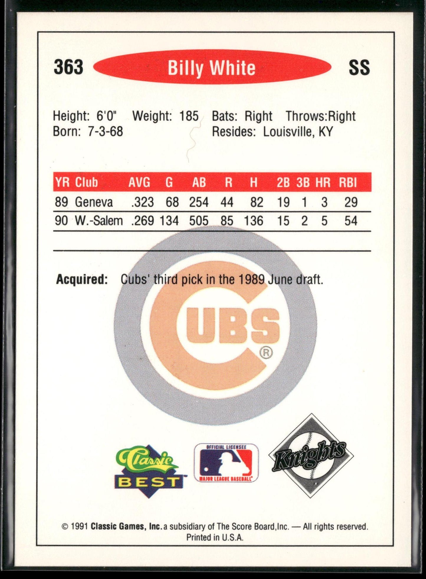 1991 Classic Best #363 Billy White