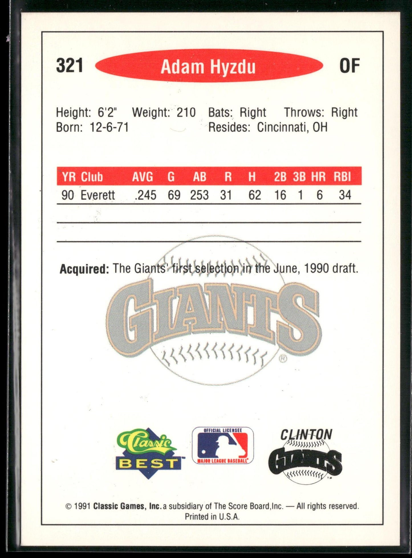 1991 Classic Best #321 Adam Hyzdu