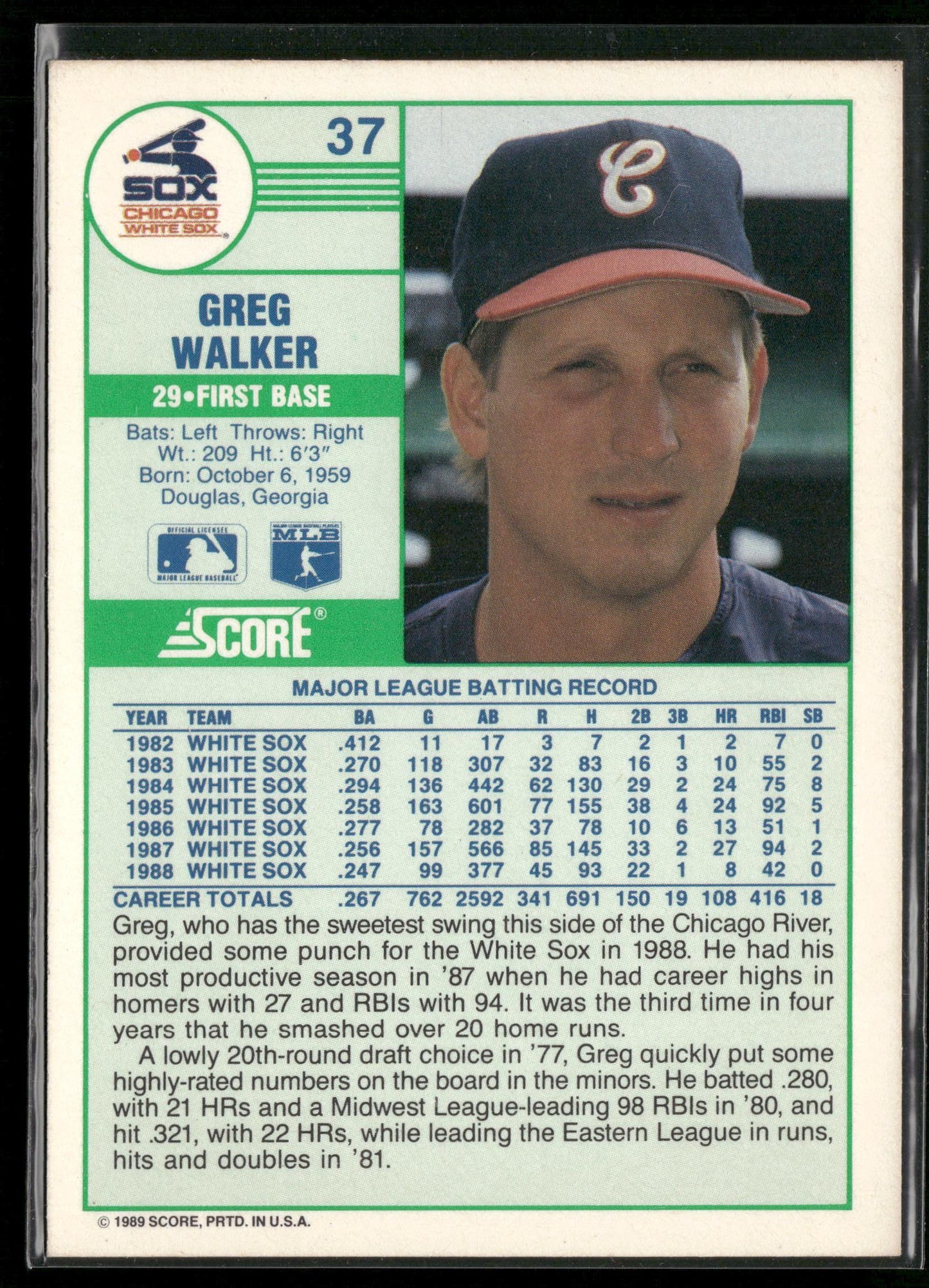 1989 Score #37 Greg Walker