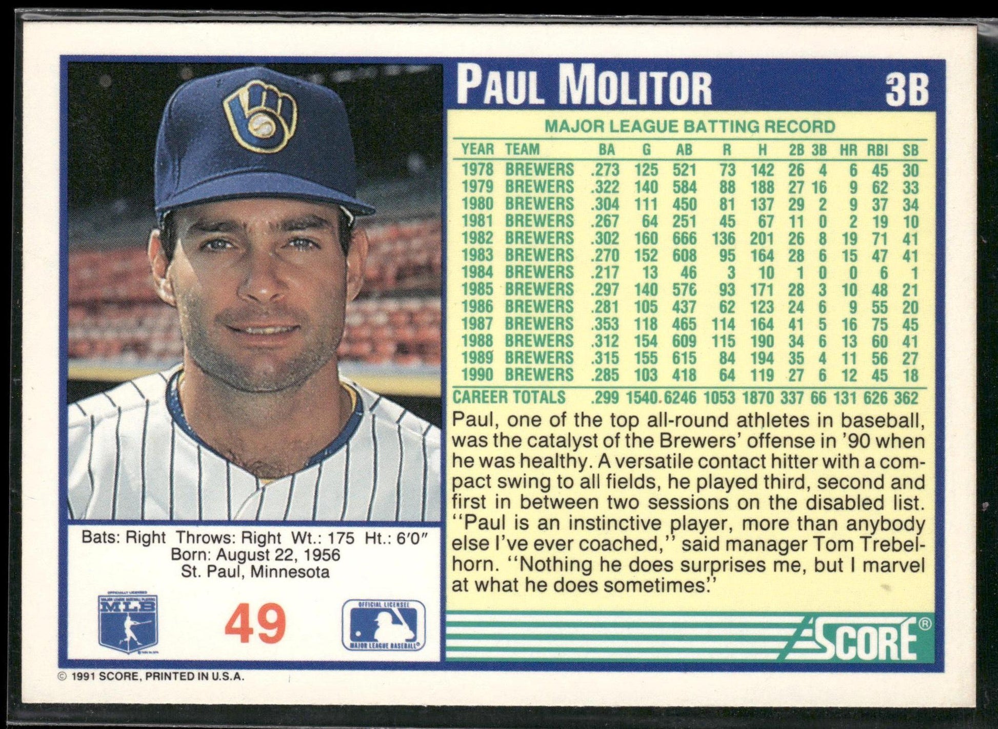 1991 Score #49 Paul Molitor