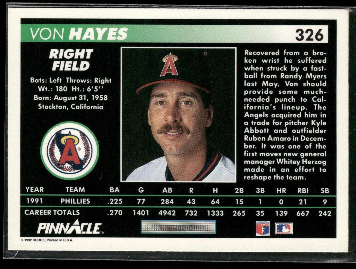 1992 Pinnacle #326 Von Hayes
