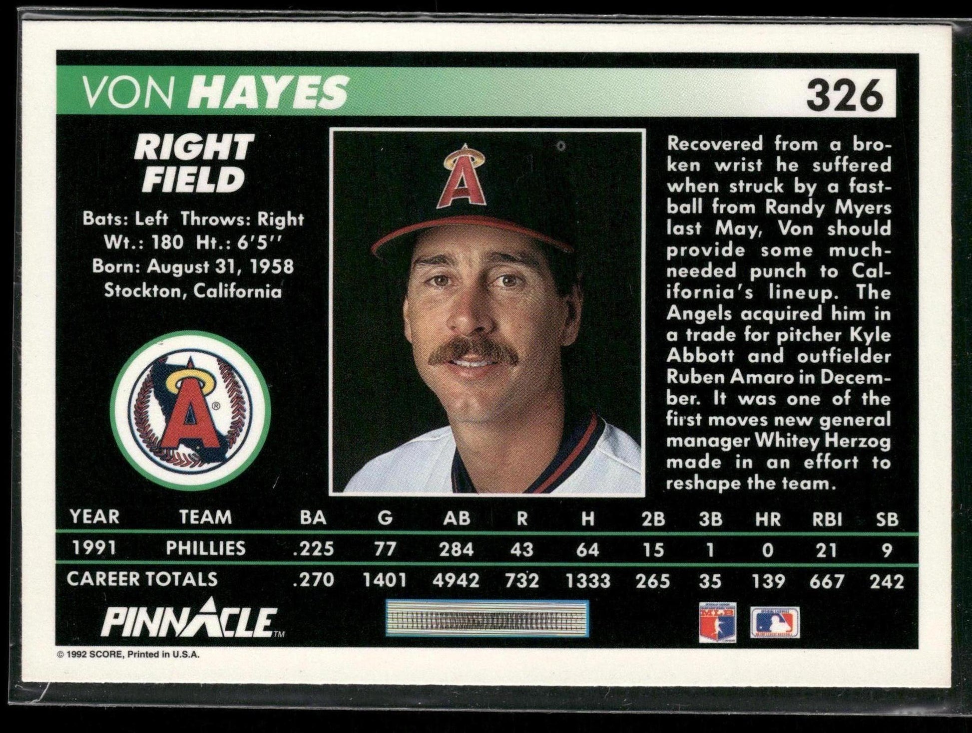 1992 Pinnacle #326 Von Hayes