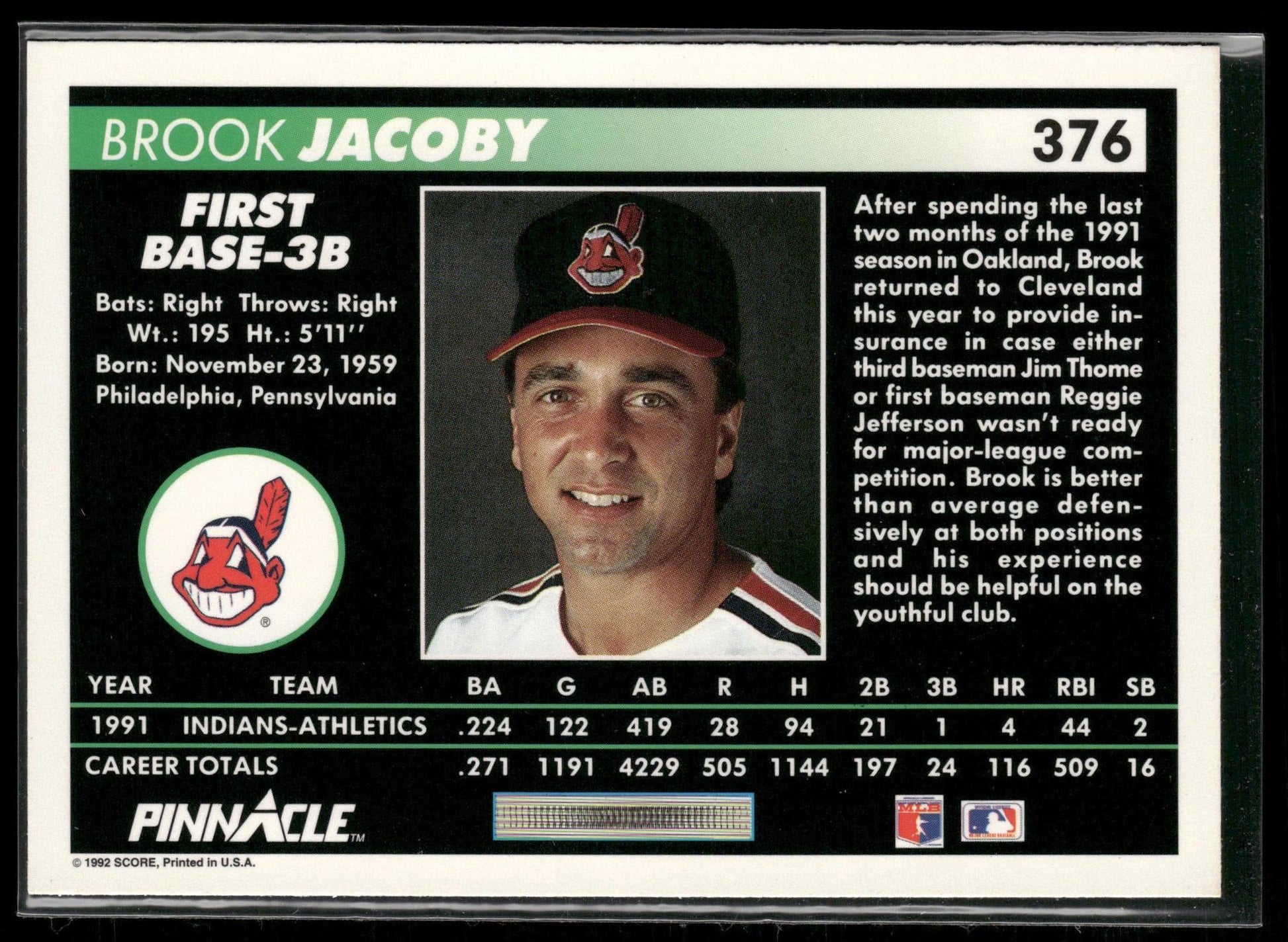 1992 Pinnacle #376 Brook Jacoby