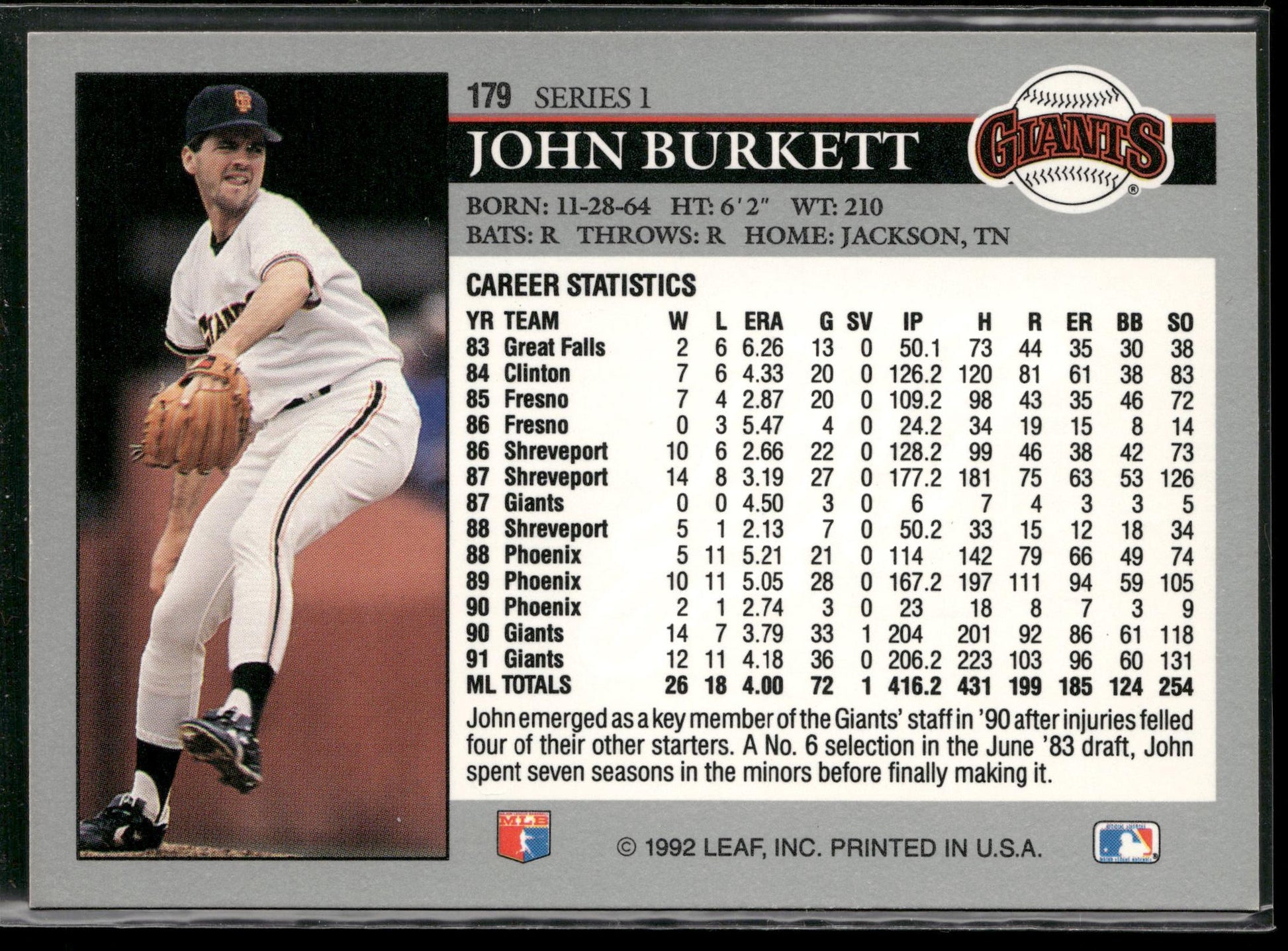 1992 Leaf #179 John Burkett