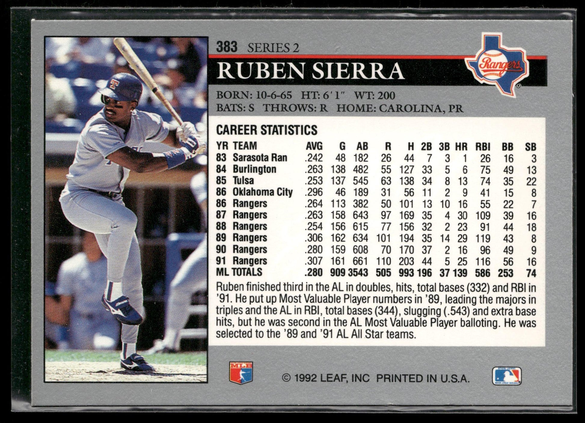 1992 Leaf #383 Ruben Sierra