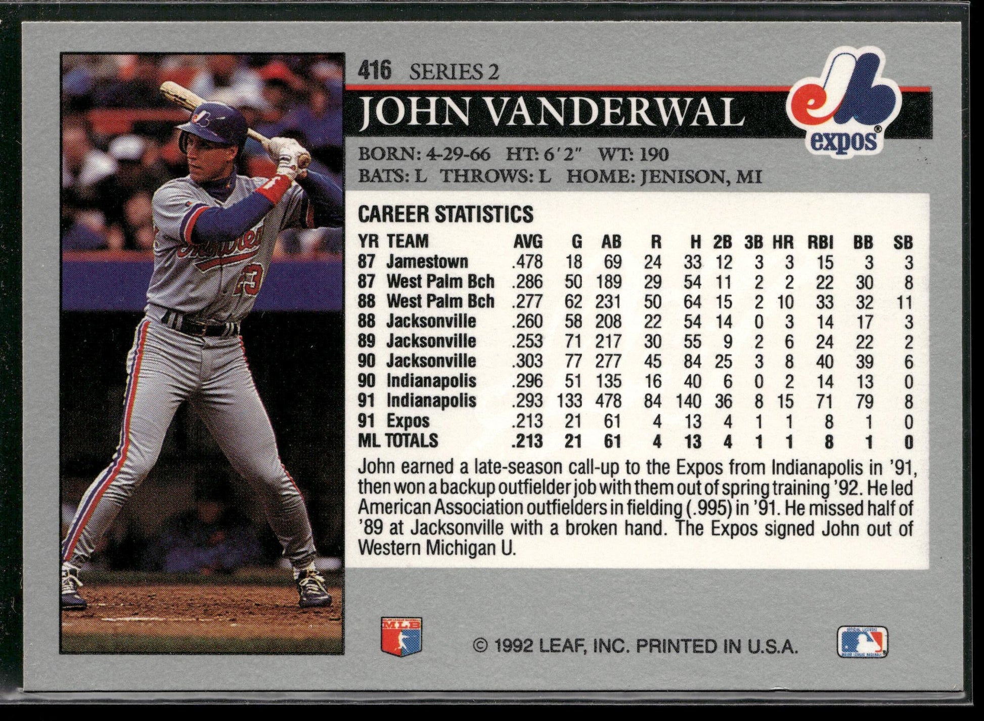 1992 Leaf #416 John Vander Wal