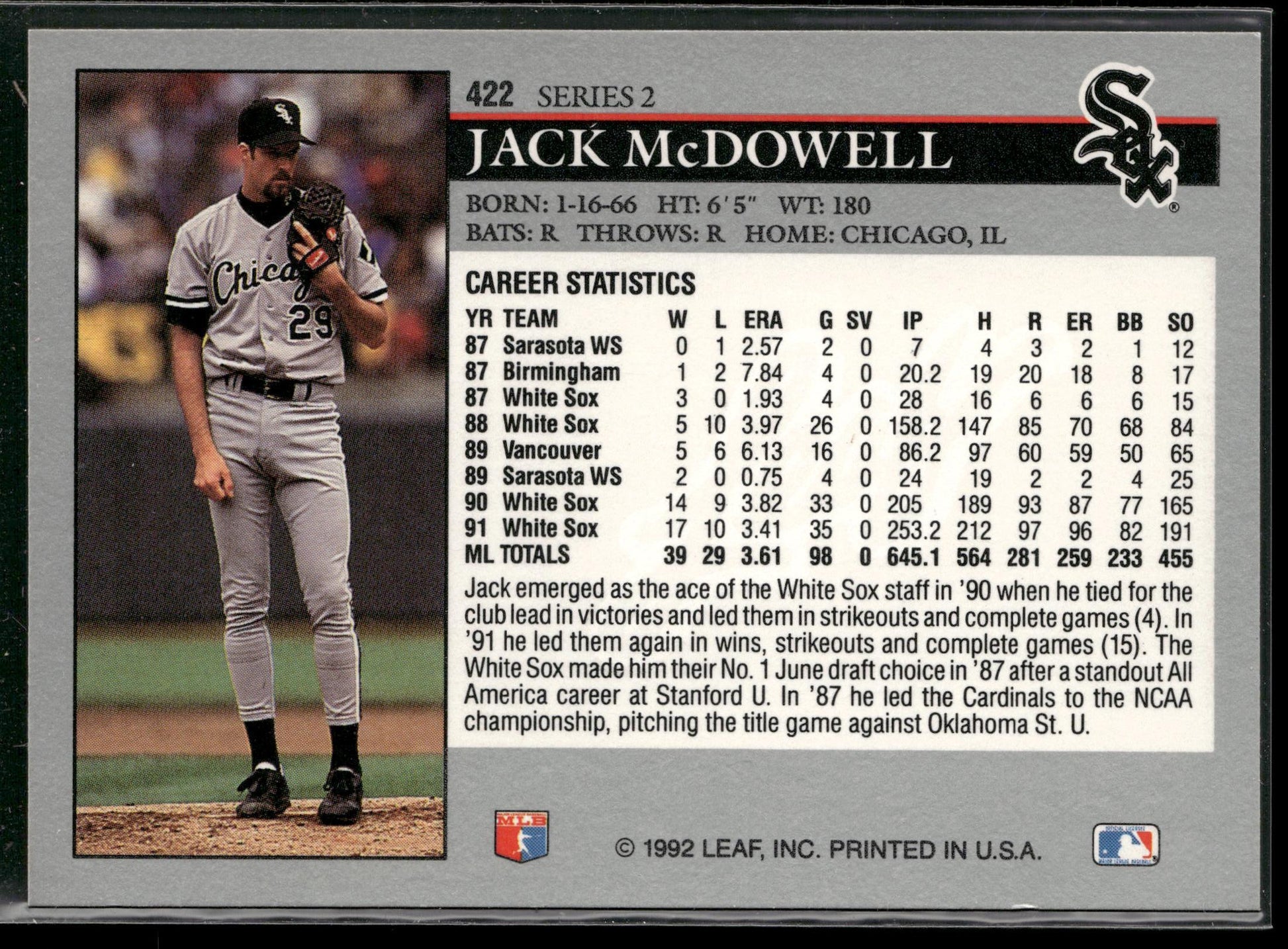 1992 Leaf #422 Jack McDowell