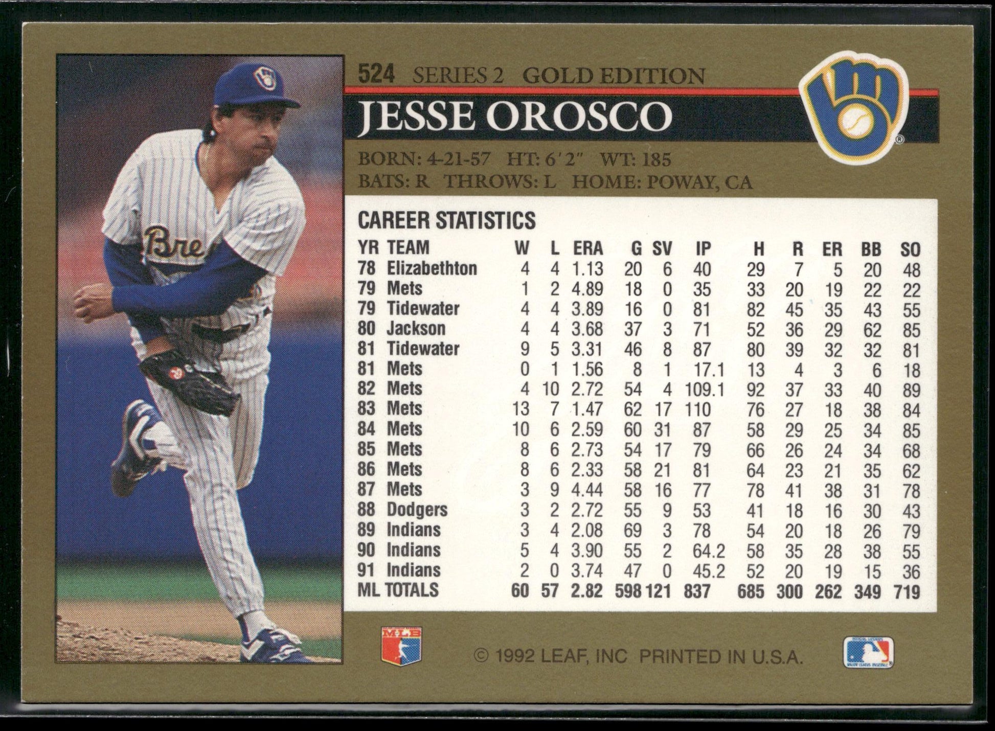 1992 Leaf #524 Jesse Orosco Black Gold
