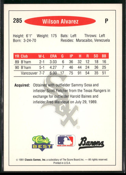 1991 Classic Best #285 Wilson Alvarez