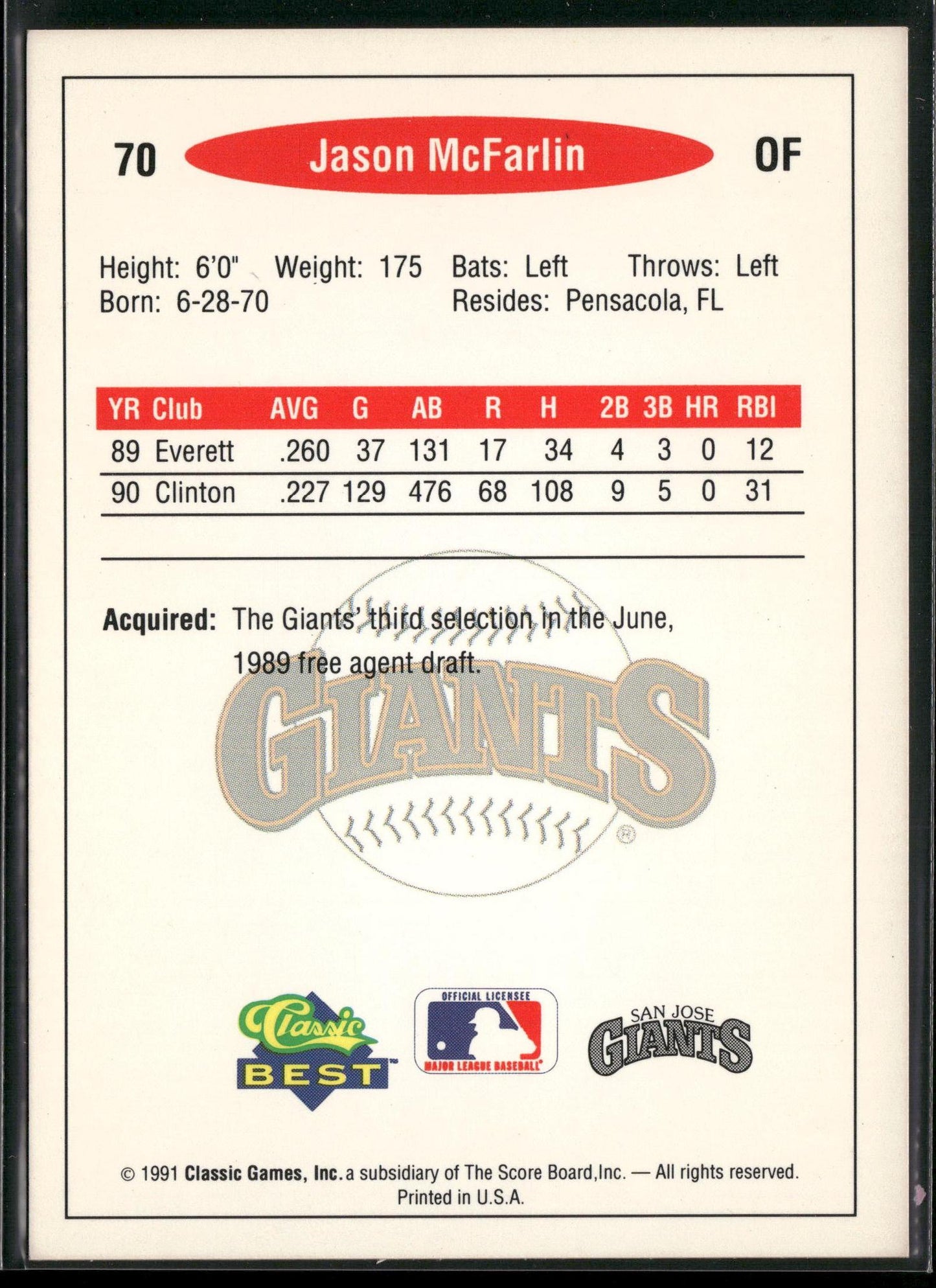 1991 Classic Best #70 Jason McFarlin