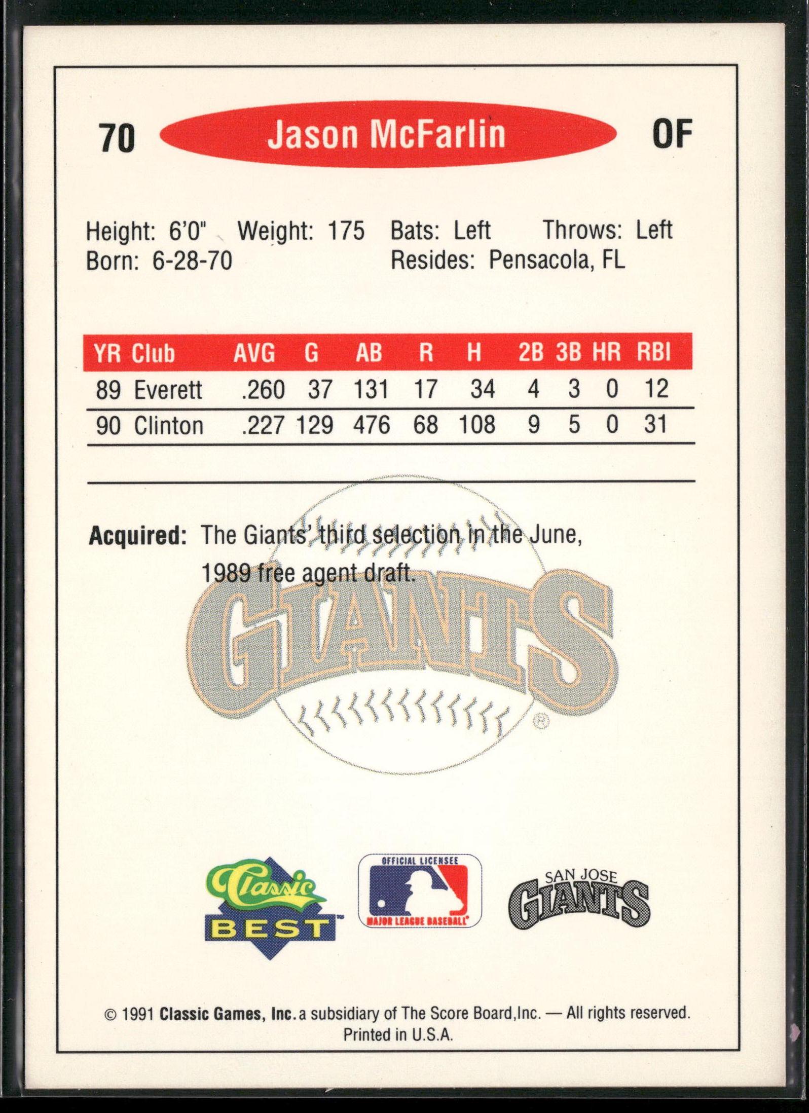 1991 Classic Best #70 Jason McFarlin