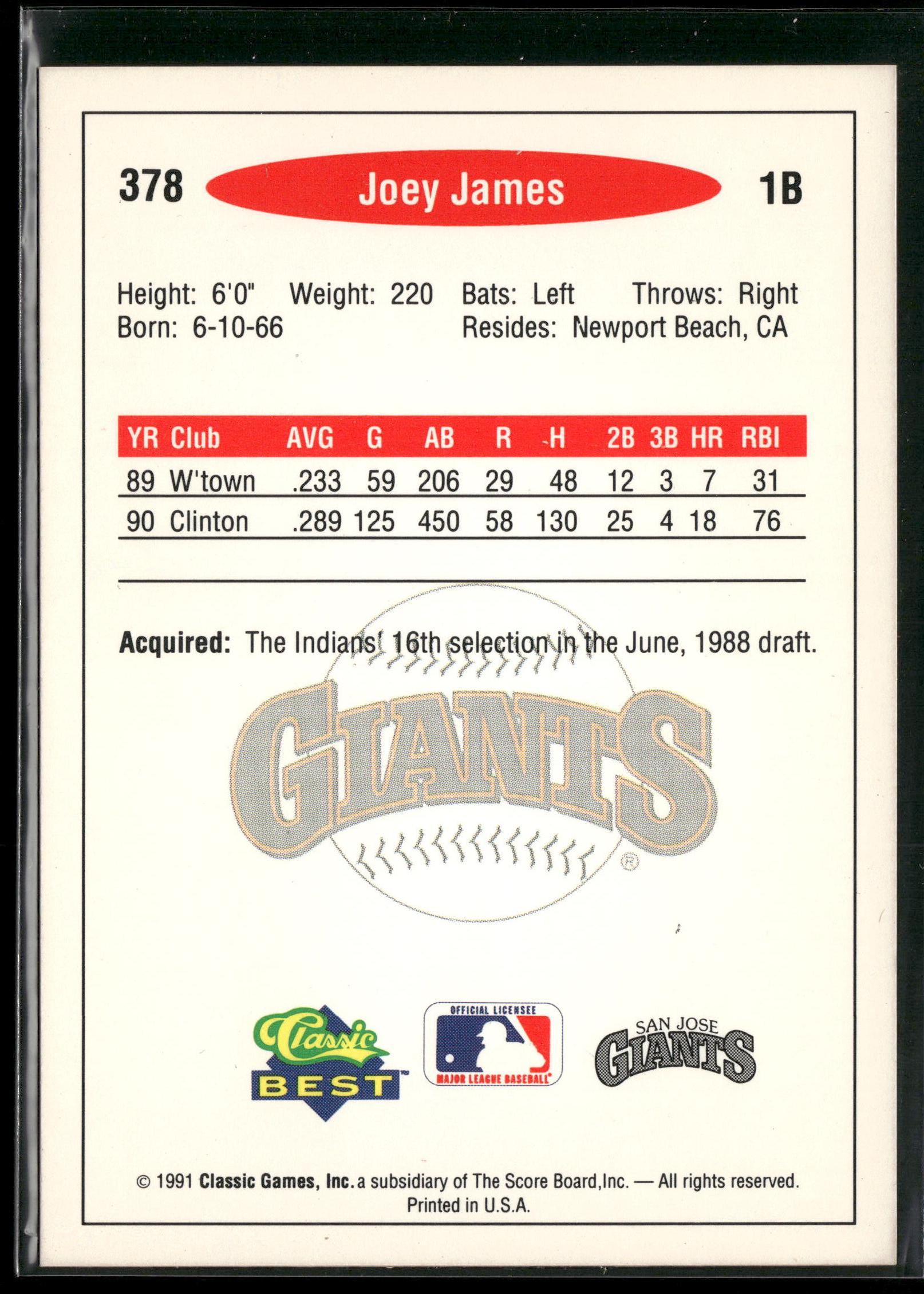 1991 Classic Best #378 Joey James