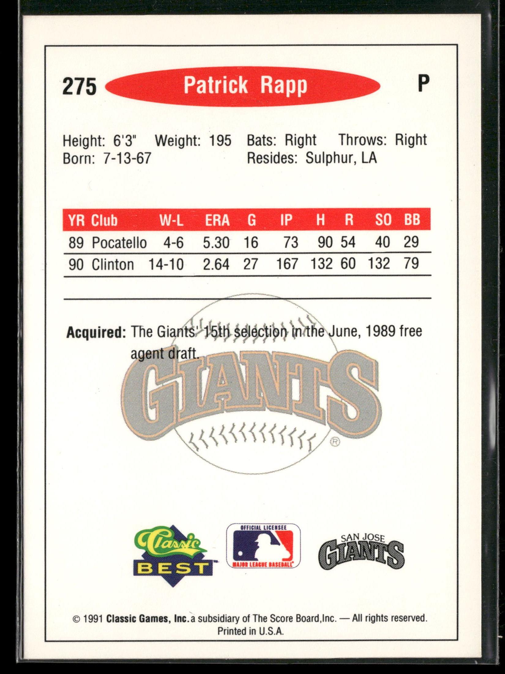 1991 Classic Best #275 Patrick Rapp