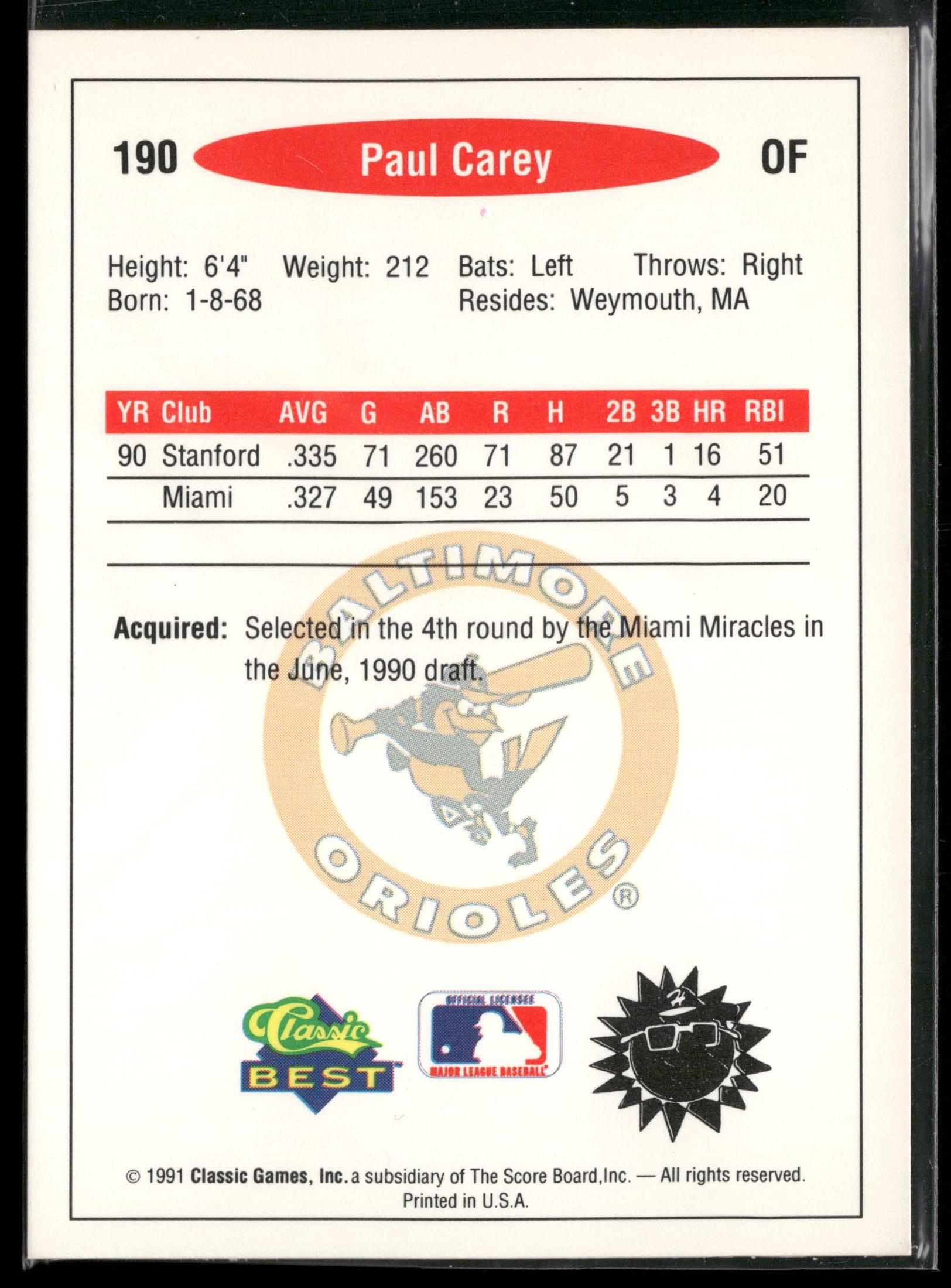 1991 Classic Best #190 Paul Carey